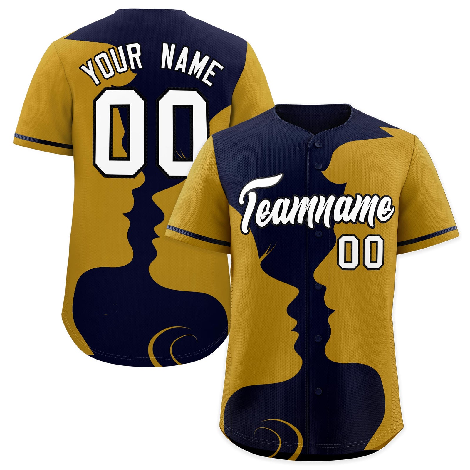 Custom Navy Old Gold Silhouettes of Loving Couple Valentine's Day Baseball Jersey| KXKSHOP