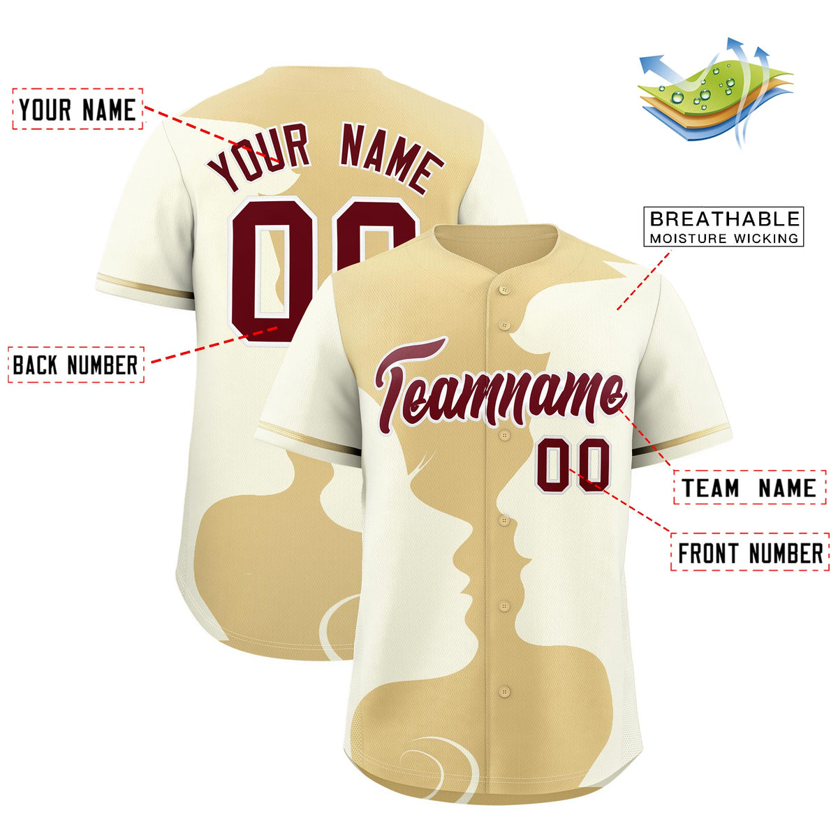 Custom Khaki Cream Silhouettes of Loving Couple Valentine's Day Baseball Jersey| KXKSHOP
