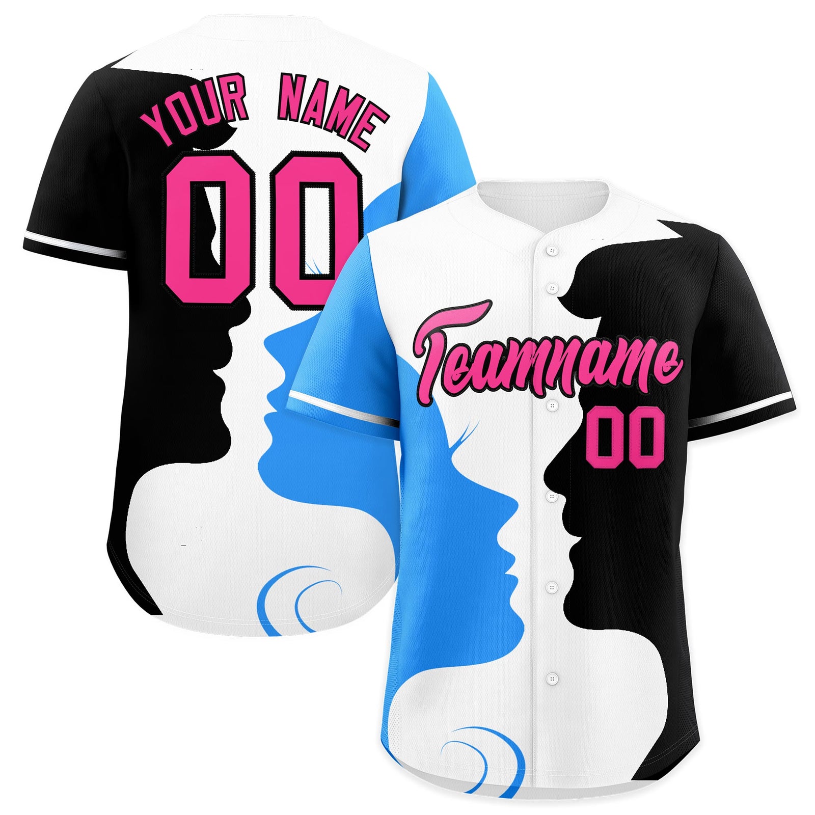 Custom White Powder Blue Navy Silhouettes of Loving Couple Valentine's Day Baseball Jersey| KXKSHOP