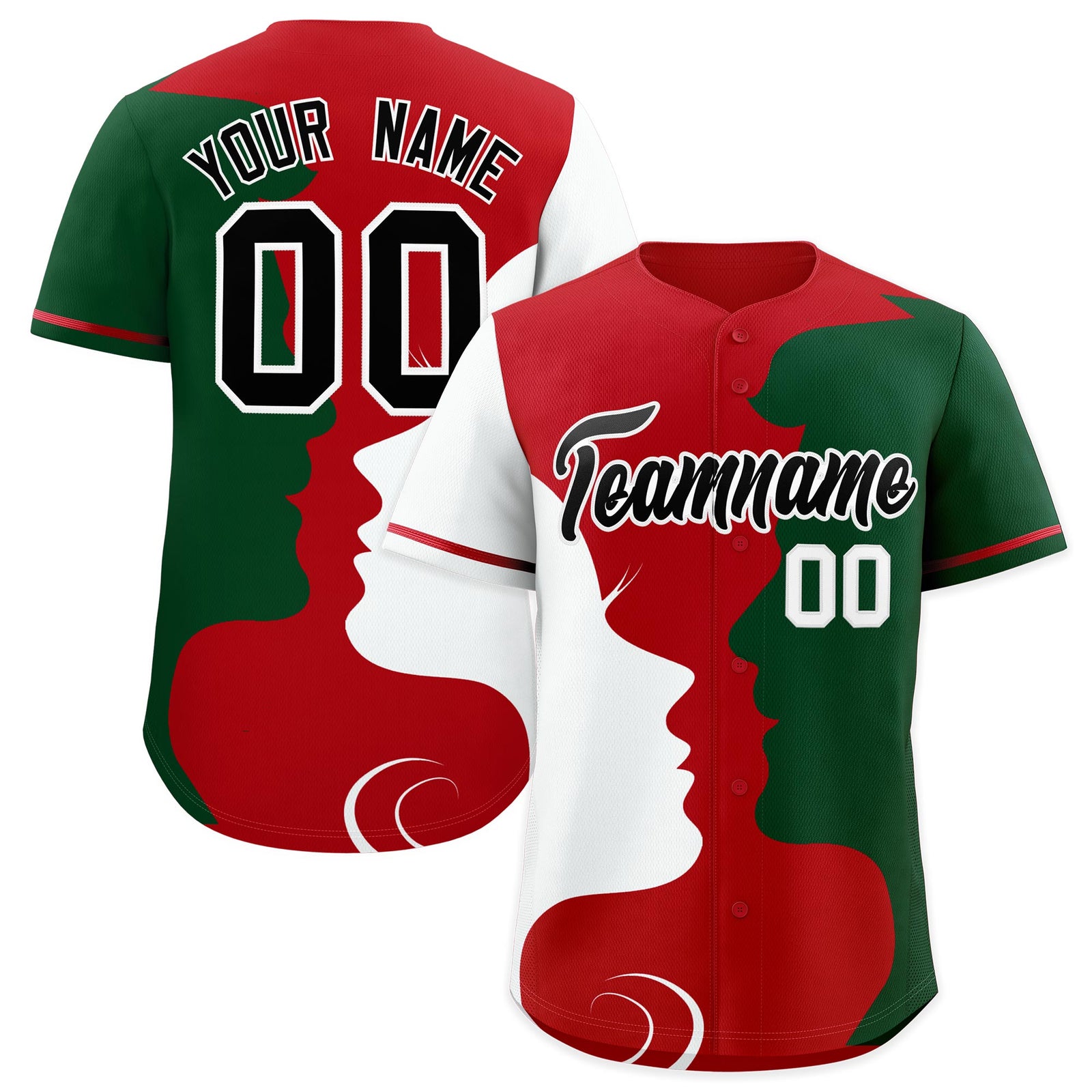 Custom Red White Green Silhouettes of Loving Couple Valentine's Day Baseball Jersey| KXKSHOP