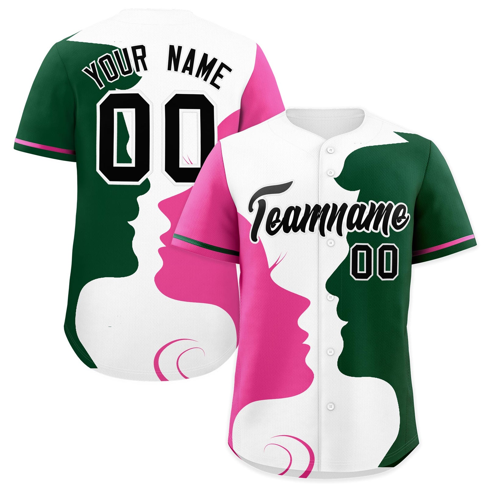Custom Green Pink White Silhouettes of Loving Couple Valentine's Day Baseball Jersey| KXKSHOP