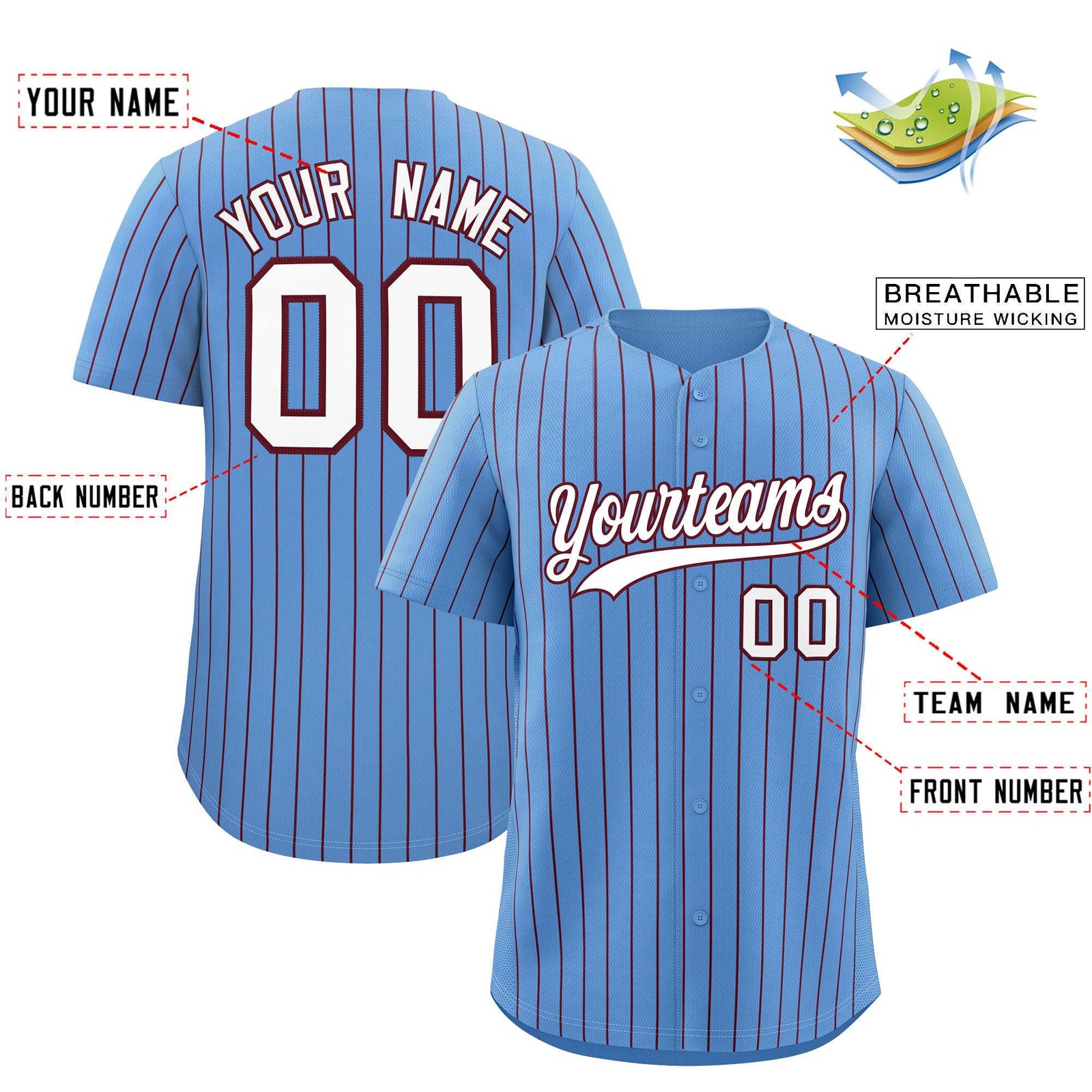 Custom Powder Blue Maroon Stripe Fashion Authentic Baseball Jersey