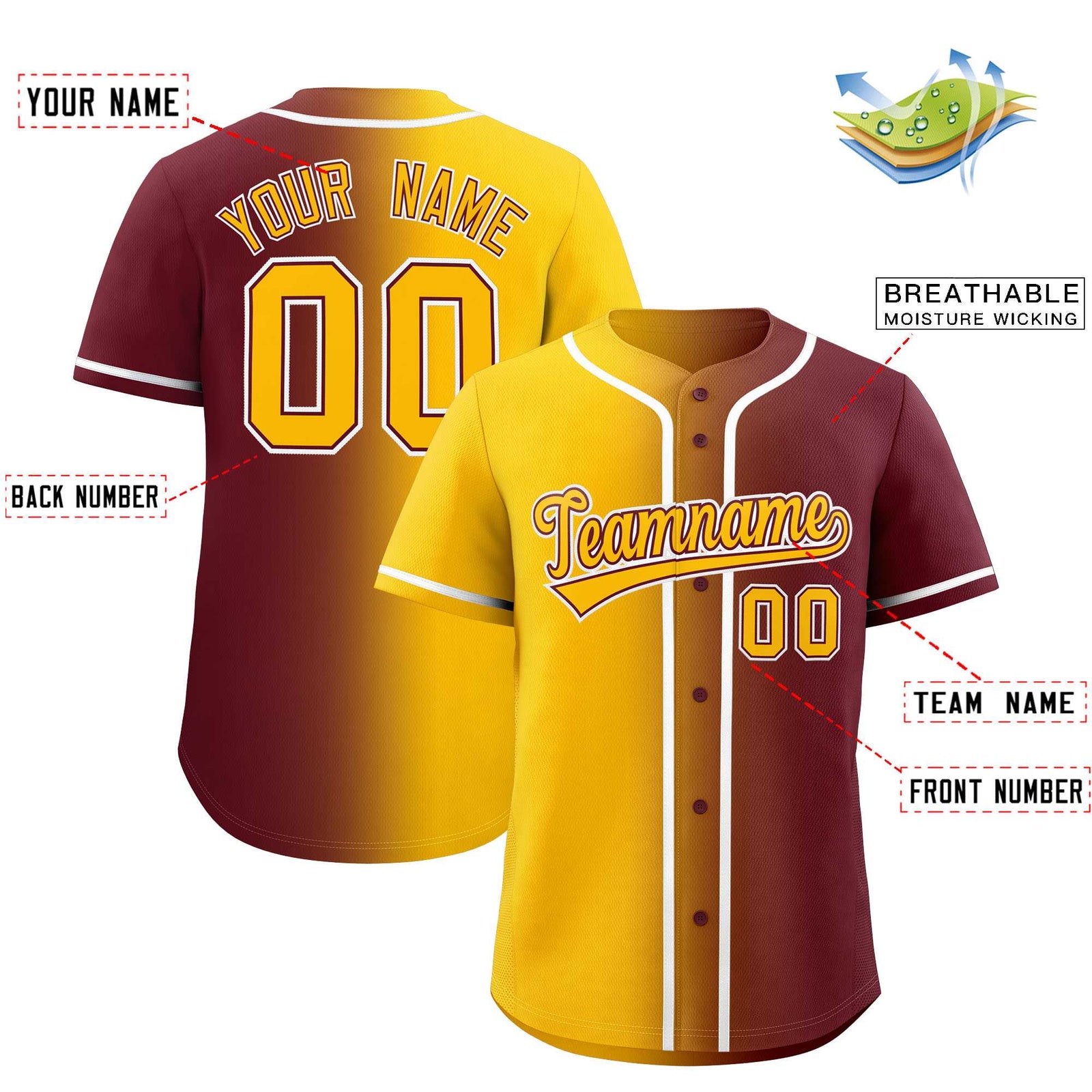 Custom Yellow Maroon Two Tone Gradient Fashion Authentic Baseball Jersey