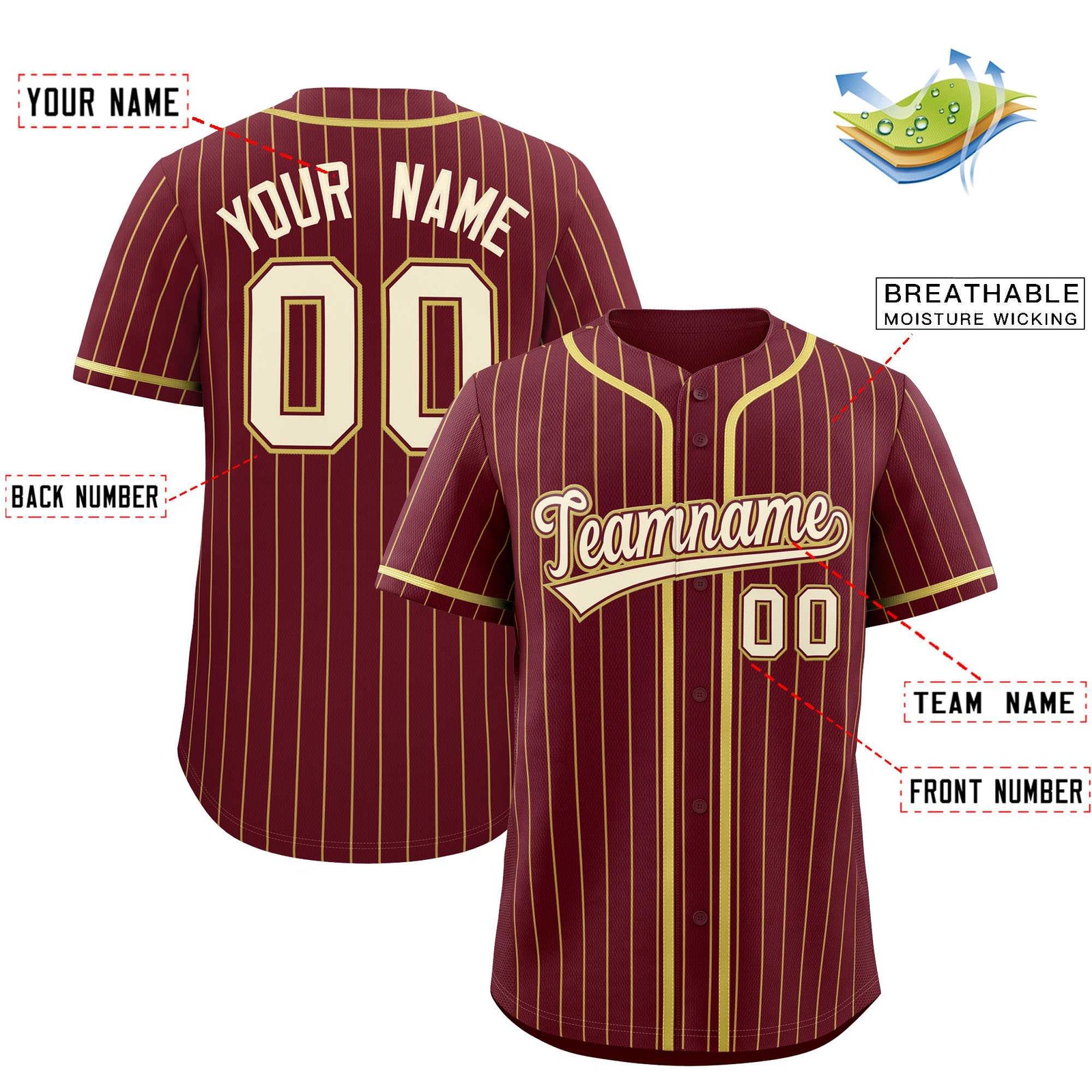 Custom Maroon Old Gold Stripe Fashion Authentic Baseball Jersey