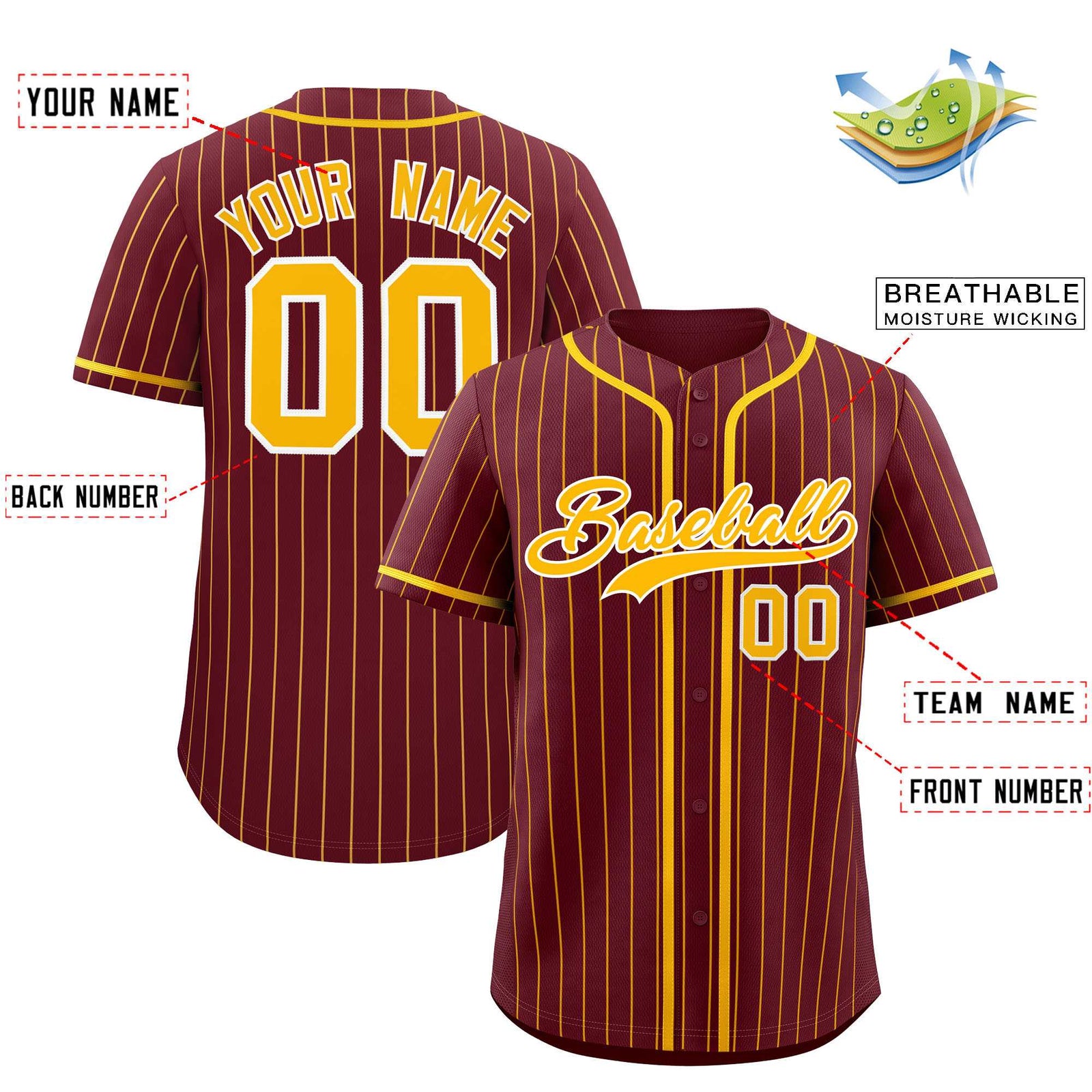 Custom Maroon Yellow Stripe Fashion Authentic Baseball Jersey
