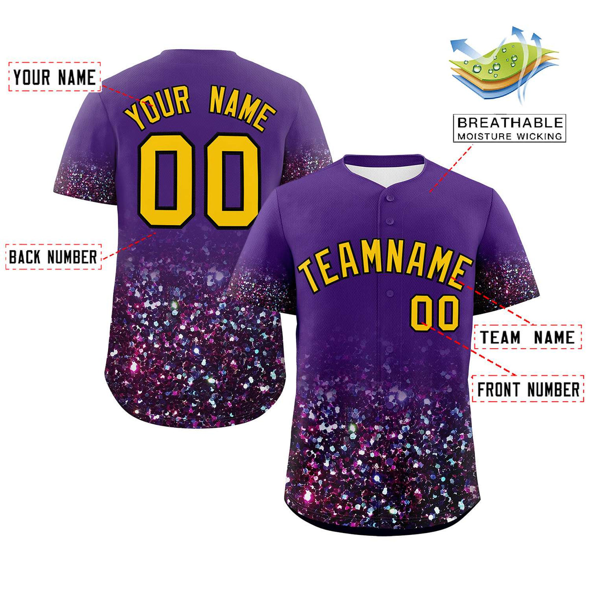 Custom Purple Gold Sequins Pattern Gradient Fashion Authentic Baseball Jersey