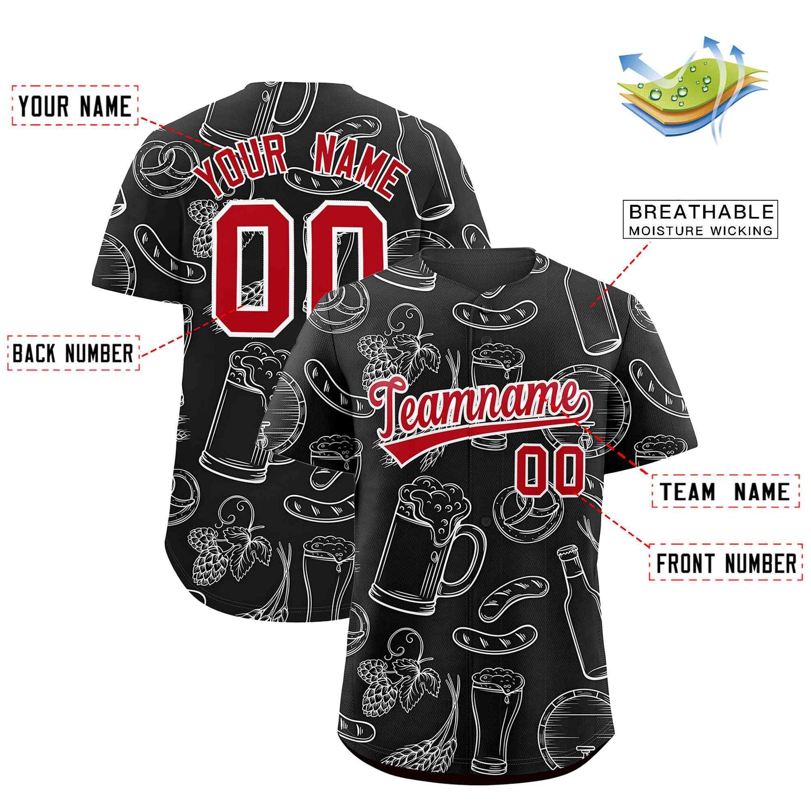 Custom Black White National Beer Day Personalized Beer Pattern Baseball Jersey | Suitable For Groups Or Parties | KXKSHOP