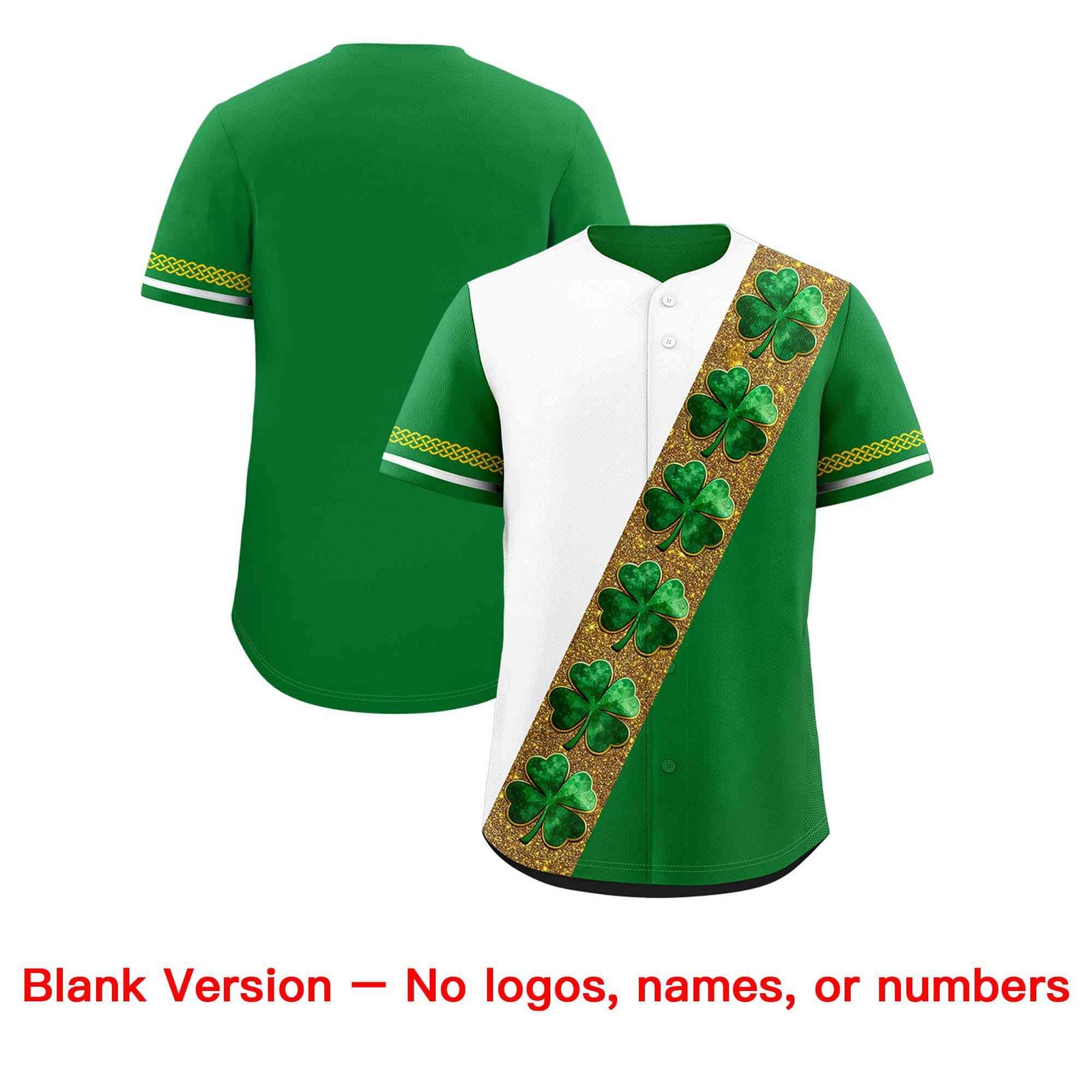 Custom White Kelly Green St.Patrick's Day Personalized Four Leaf Clover Pattern Baseball Jersey