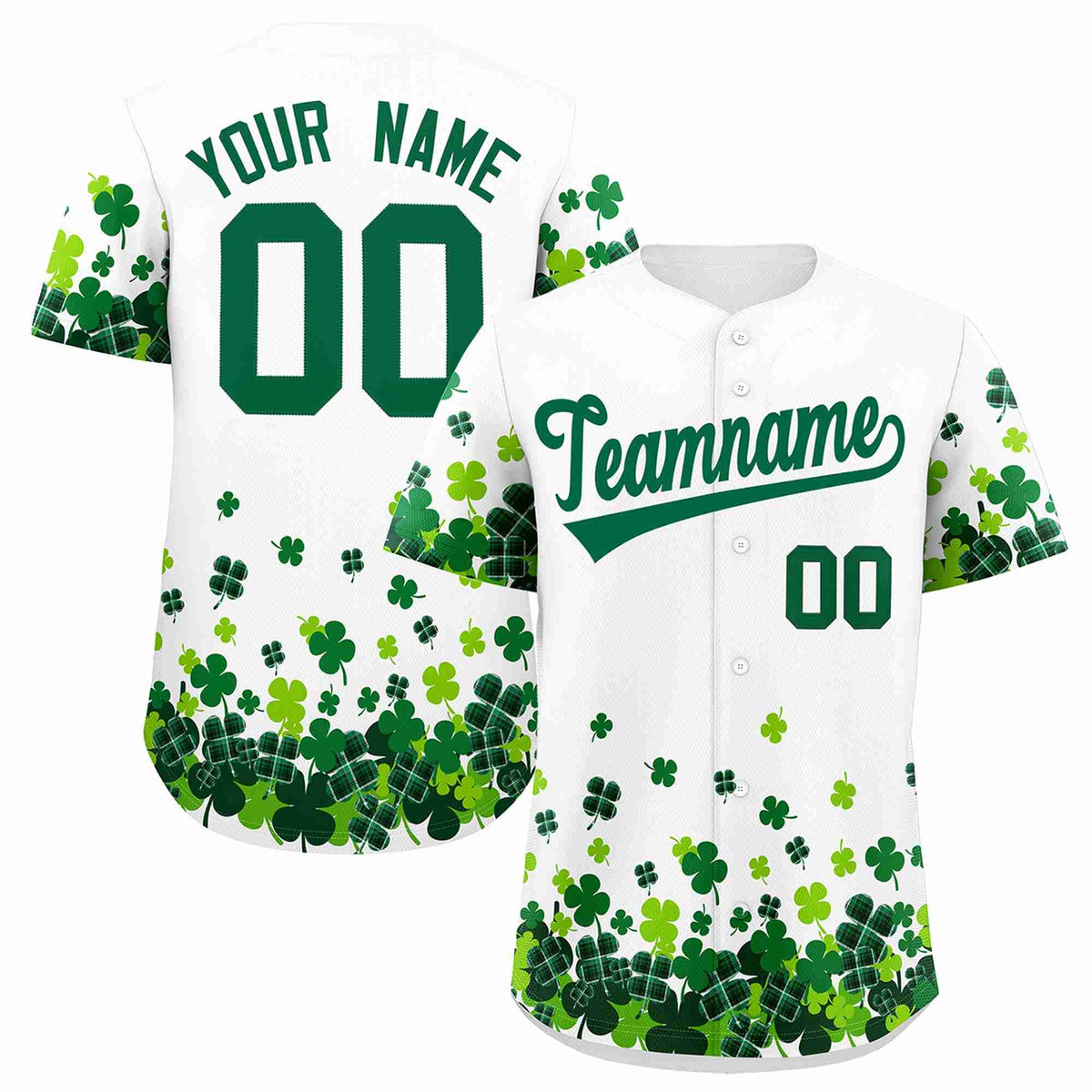 Custom White Green St.Patrick's Day Personalized Four Leaf Clover Pattern Baseball Jersey| KXKSHOP