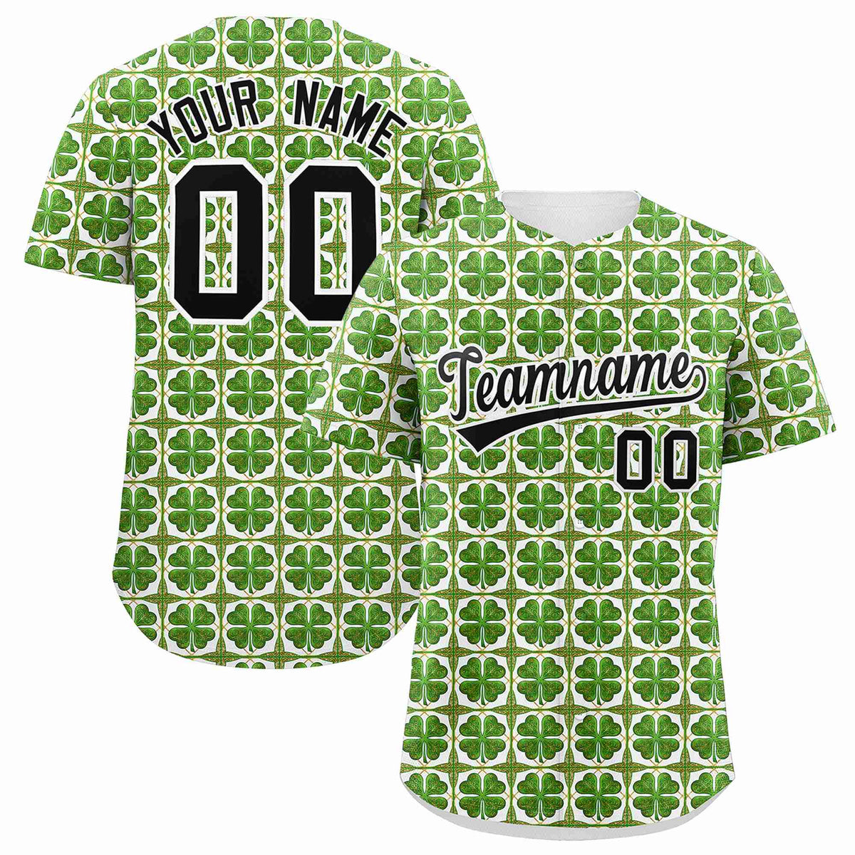 Custom White Black St.Patrick's Day Personalized Four Leaf Clover Pattern Baseball Jersey| KXKSHOP