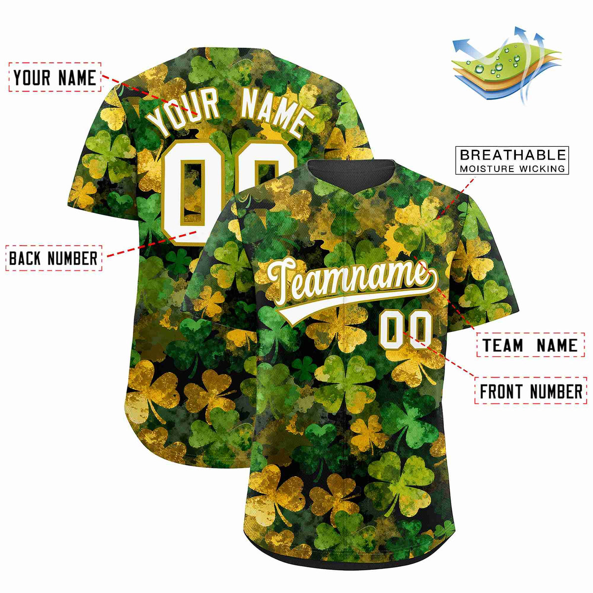 Custom Black White St.Patrick's Day Personalized Four Leaf Clover Pattern Baseball Jersey| KXKSHOP