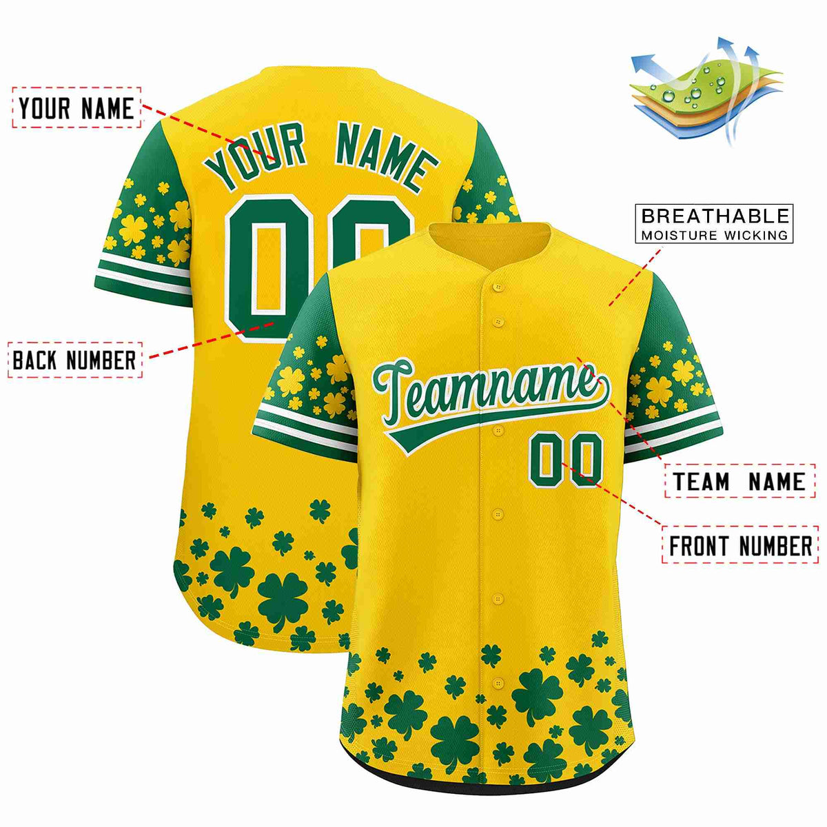 Custom Gold Kelly Green St.Patrick's Day Personalized Four Leaf Clover Pattern Baseball Jersey| KXKSHOP