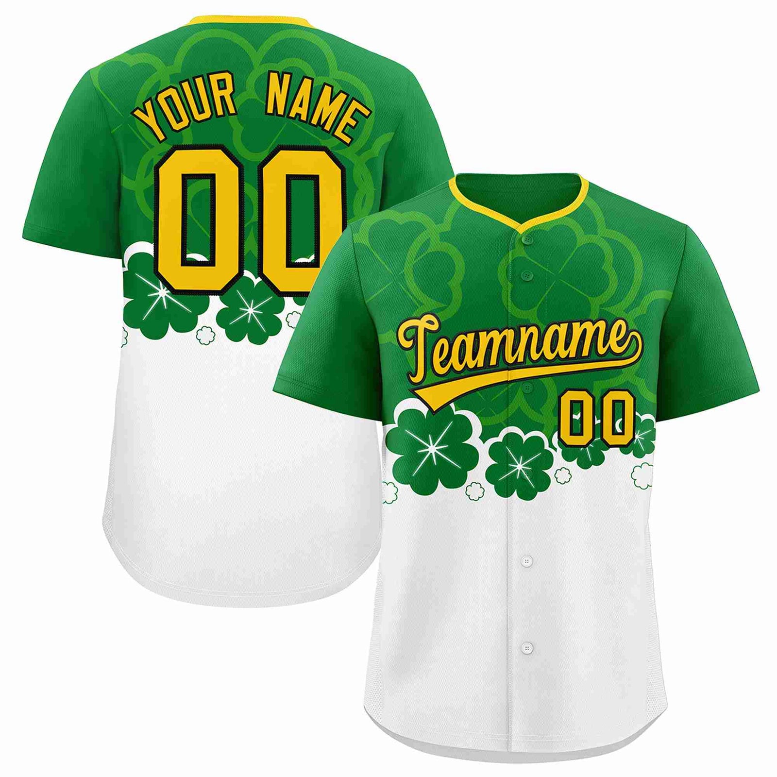 Custom White Kelly Green St.Patrick's Day Personalized Four Leaf Clover Pattern Baseball Jersey| KXKSHOP