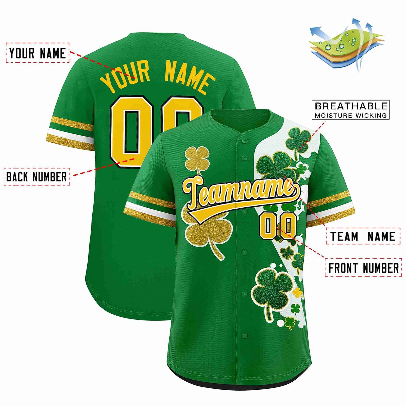 Custom Kelly Green Gold St.Patrick's Day Personalized Four Leaf Clover Pattern Baseball Jersey| KXKSHOP