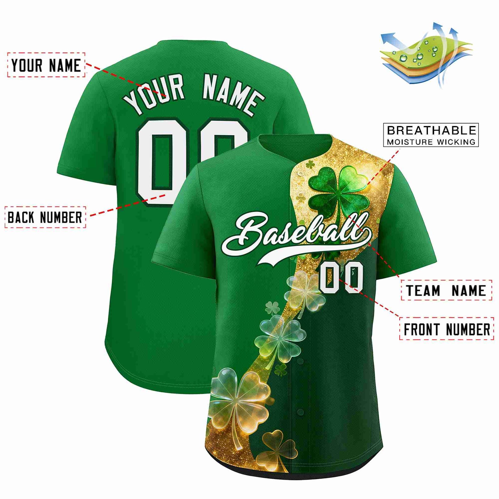 Custom Kelly Green Green St.Patrick's Day Personalized Four Leaf Clover Pattern Baseball Jersey