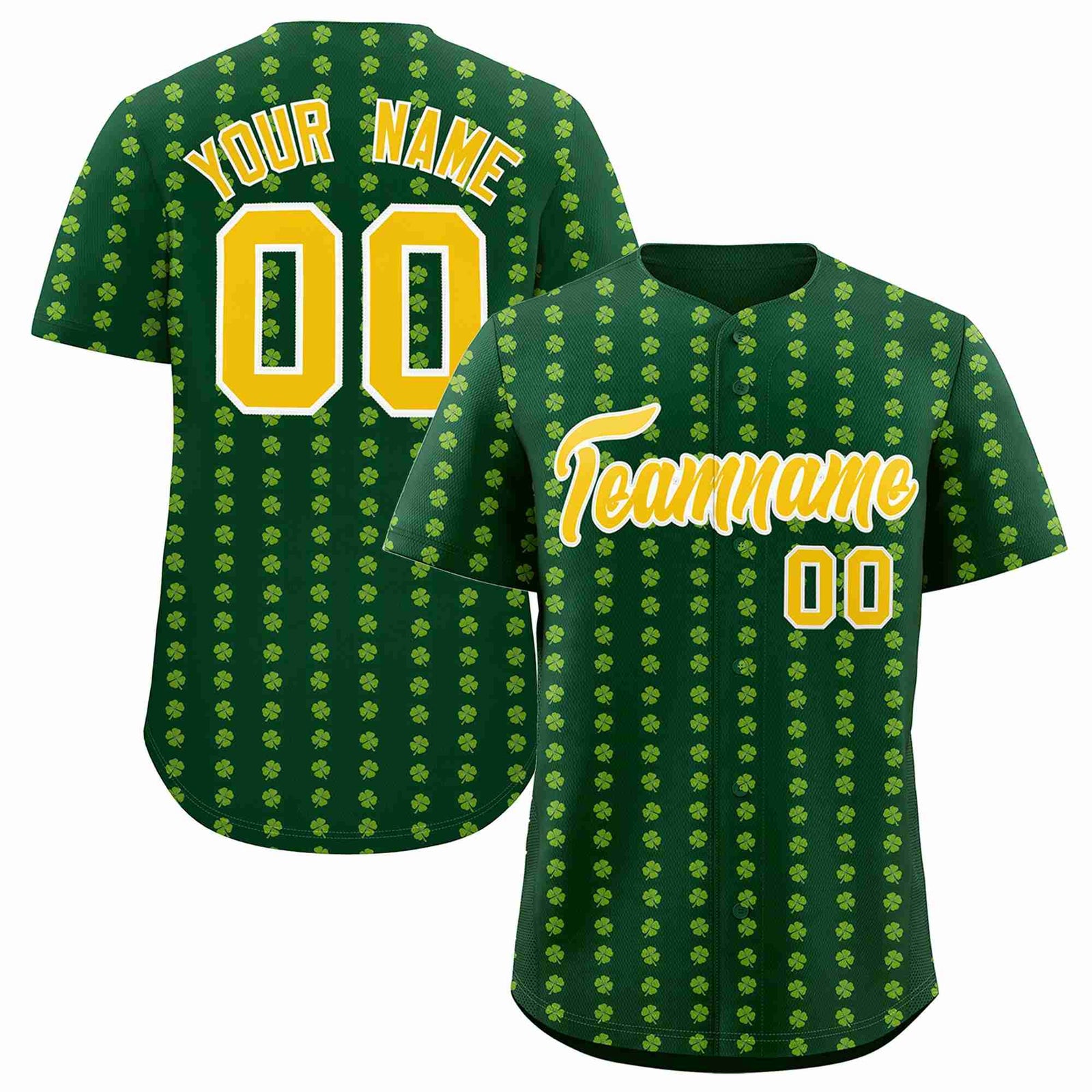 Custom Green Gold St.Patrick's Day Personalized Four Leaf Clover Pattern Baseball Jersey