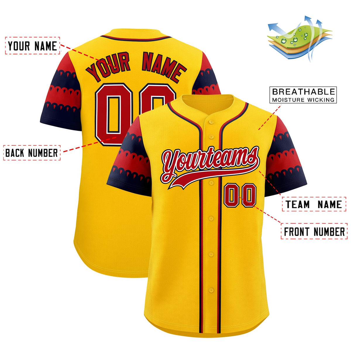 Custom Gold Navy Red Sleeve Flag Lace Baseball Jersey | Sublimation Printed &amp; Embroidery,Add Name and Numbern,Perfect for Teams | KXKSHOP