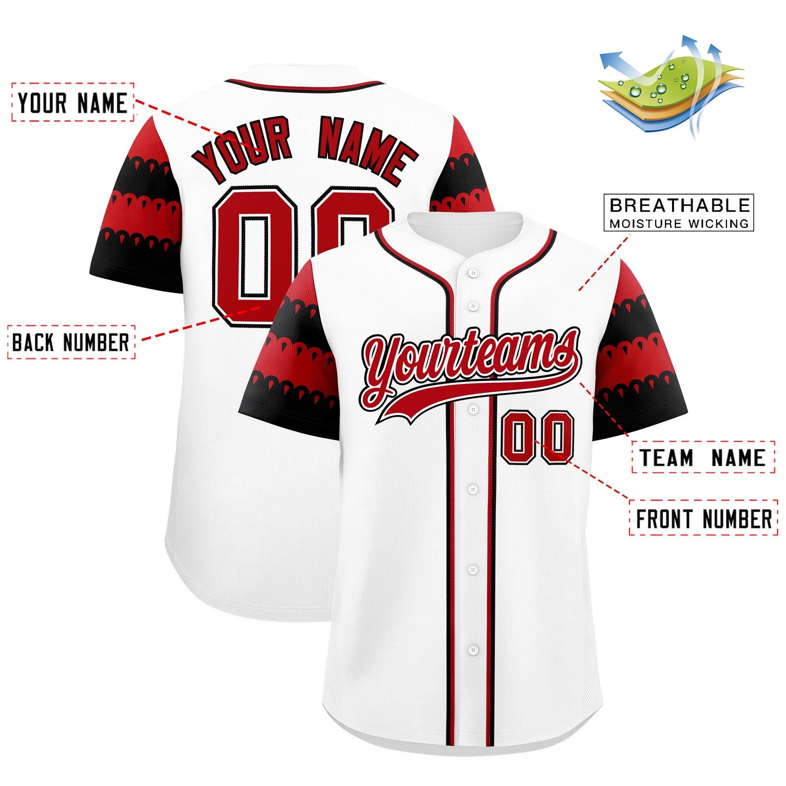 Custom White Red Black Sleeve Flag Lace Baseball Jersey | Sublimation Printed & Embroidery,Add Name and Numbern,Perfect for Teams | KXKSHOP
