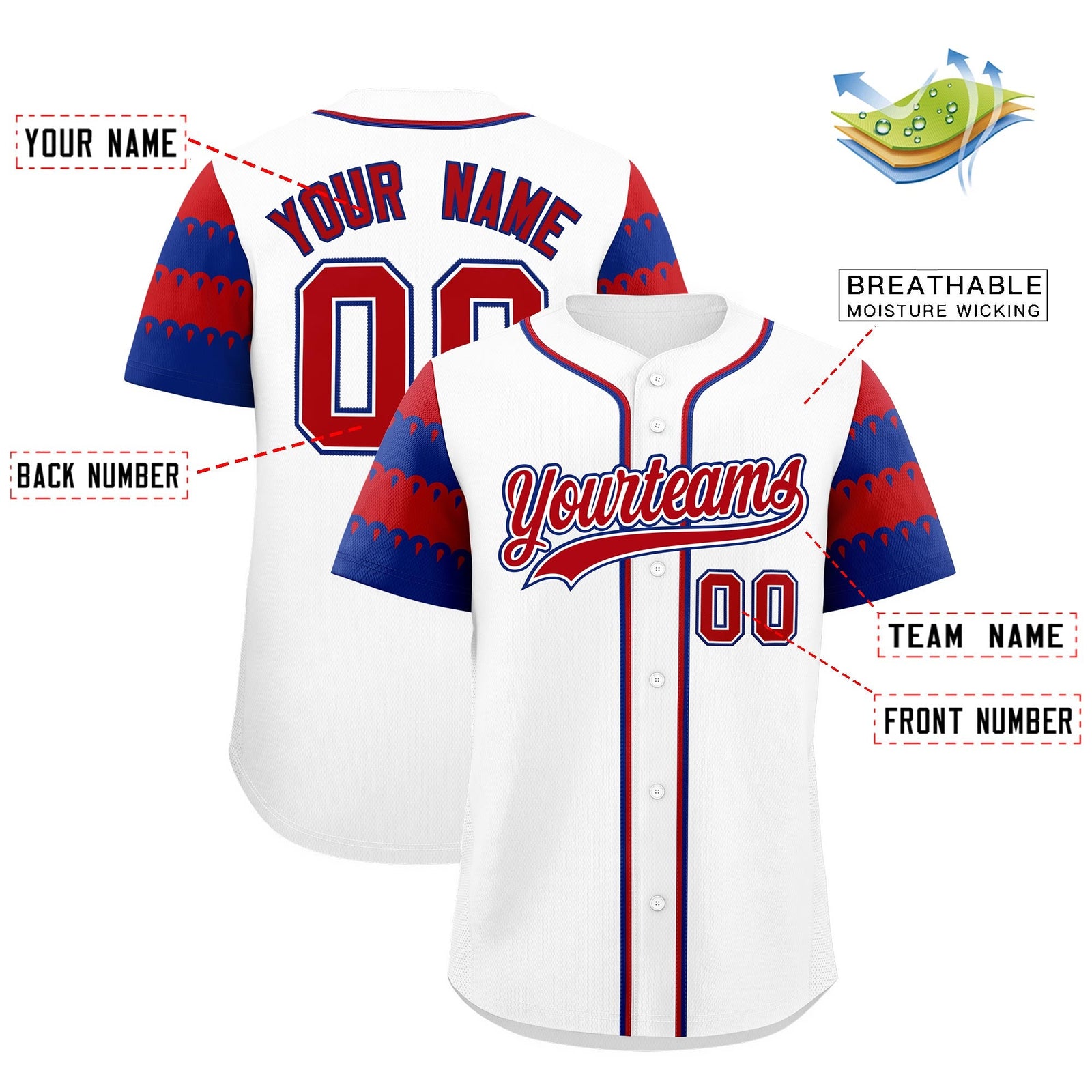 Custom White Royal Red Sleeve Flag Lace Baseball Jersey | Sublimation Printed & Embroidery,Add Name and Numbern,Perfect for Teams | KXKSHOP