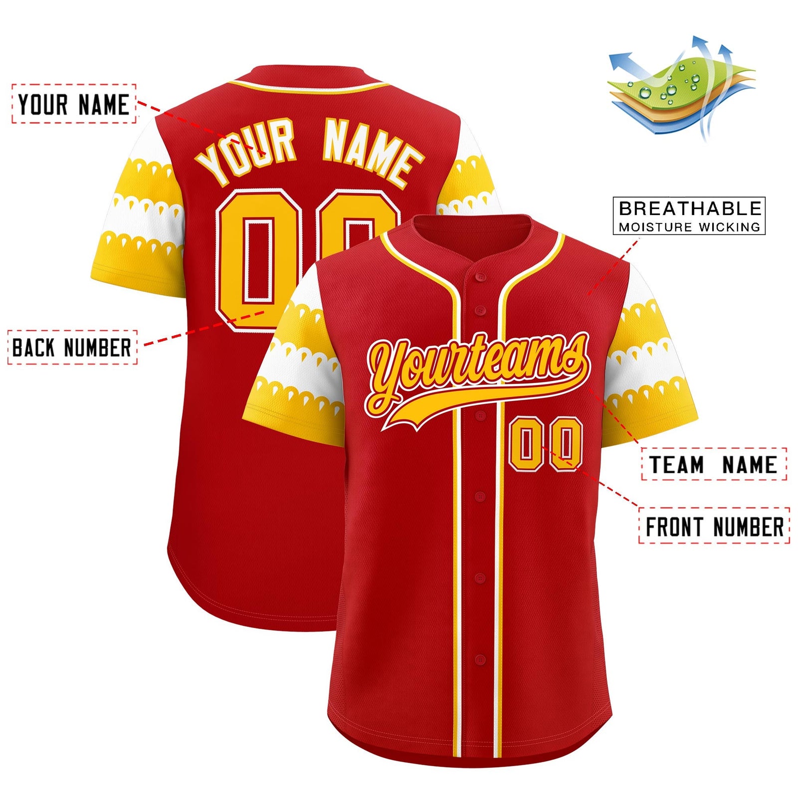 Custom Red Gold White Sleeve Flag Lace Baseball Jersey | Sublimation Printed & Embroidery,Add Name and Numbern,Perfect for Teams | KXKSHOP