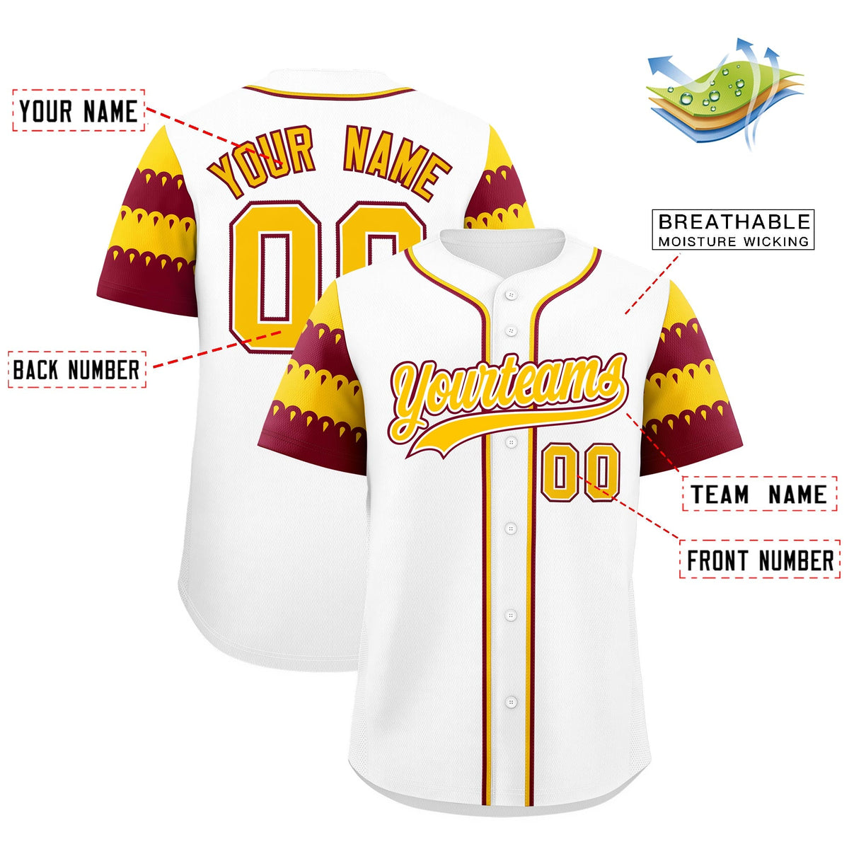 Custom White Crimson Gold Sleeve Flag Lace Baseball Jersey | Sublimation Printed &amp; Embroidery,Add Name and Numbern,Perfect for Teams | KXKSHOP