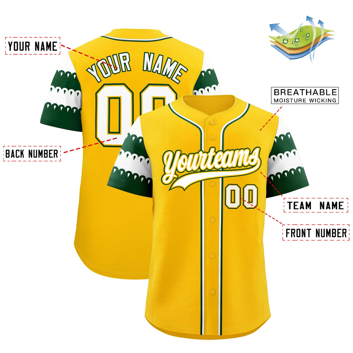Custom Gold Green White Sleeve Flag Lace Baseball Jersey | Sublimation Printed &amp; Embroidery,Add Name and Numbern,Perfect for Teams | KXKSHOP