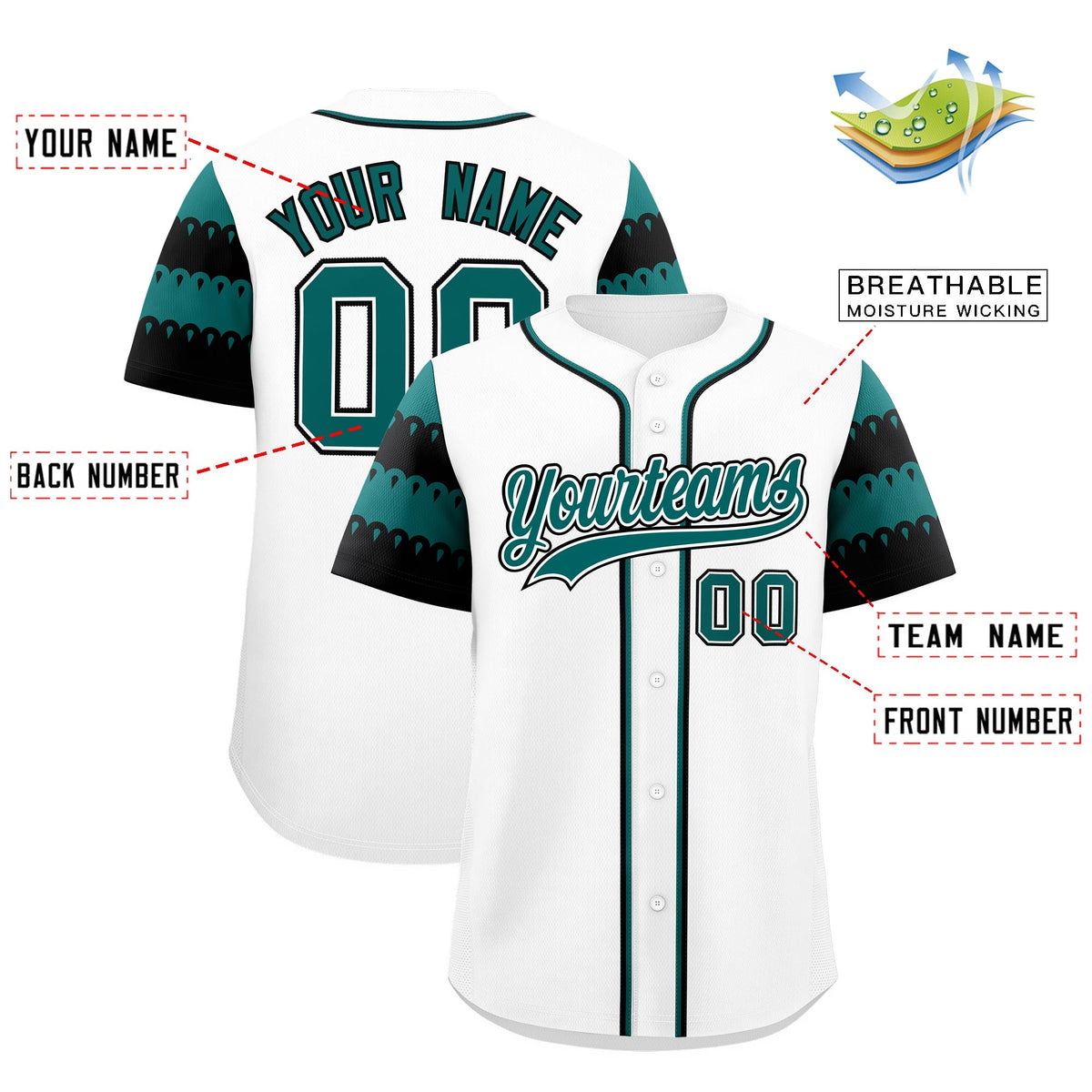 Custom White Teal Black Sleeve Flag Lace Baseball Jersey | Sublimation Printed &amp; Embroidery,Add Name and Numbern,Perfect for Teams | KXKSHOP