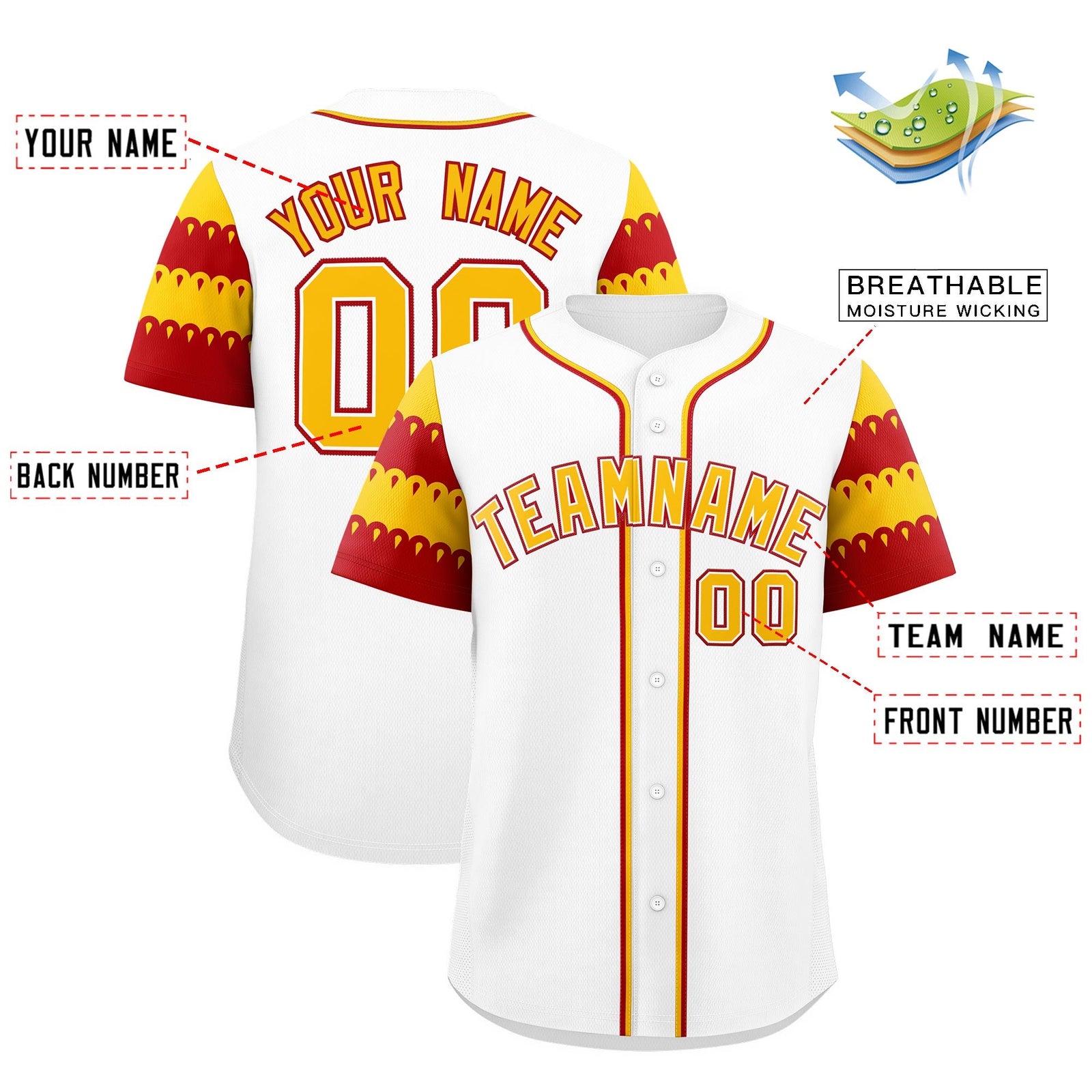 Custom White Red Gold Sleeve Flag Lace Baseball Jersey | Sublimation Printed & Embroidery,Add Name and Numbern,Perfect for Teams | KXKSHOP