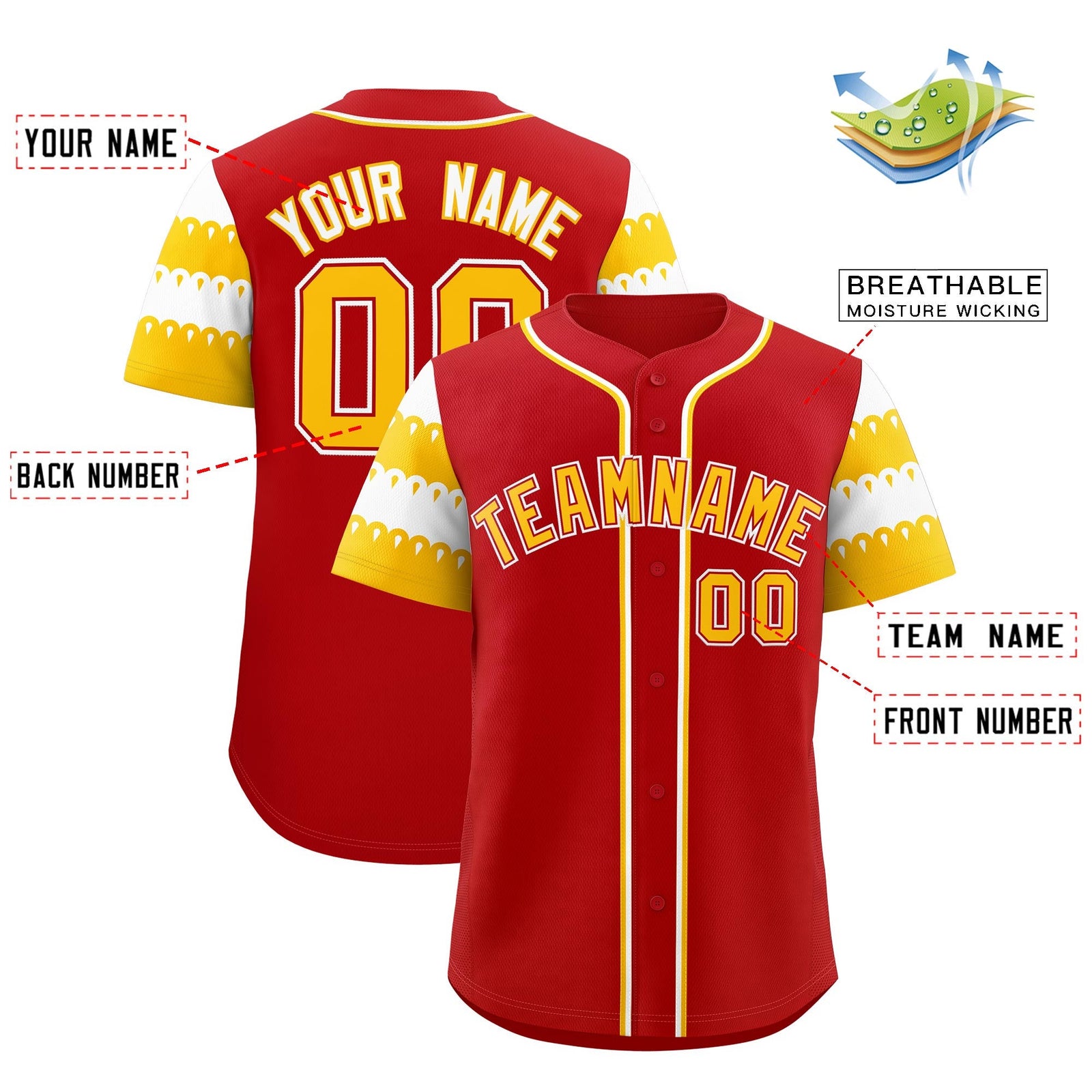 Custom Red Gold White Sleeve Flag Lace Baseball Jersey | Sublimation Printed & Embroidery,Add Name and Numbern,Perfect for Teams | KXKSHOP
