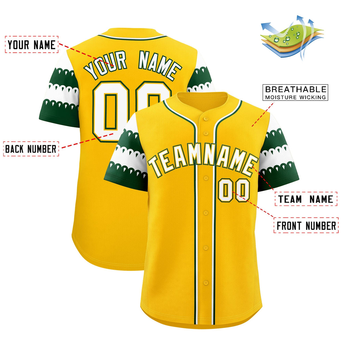 Custom Gold Green White Sleeve Flag Lace Baseball Jersey | Sublimation Printed &amp; Embroidery,Add Name and Numbern,Perfect for Teams | KXKSHOP