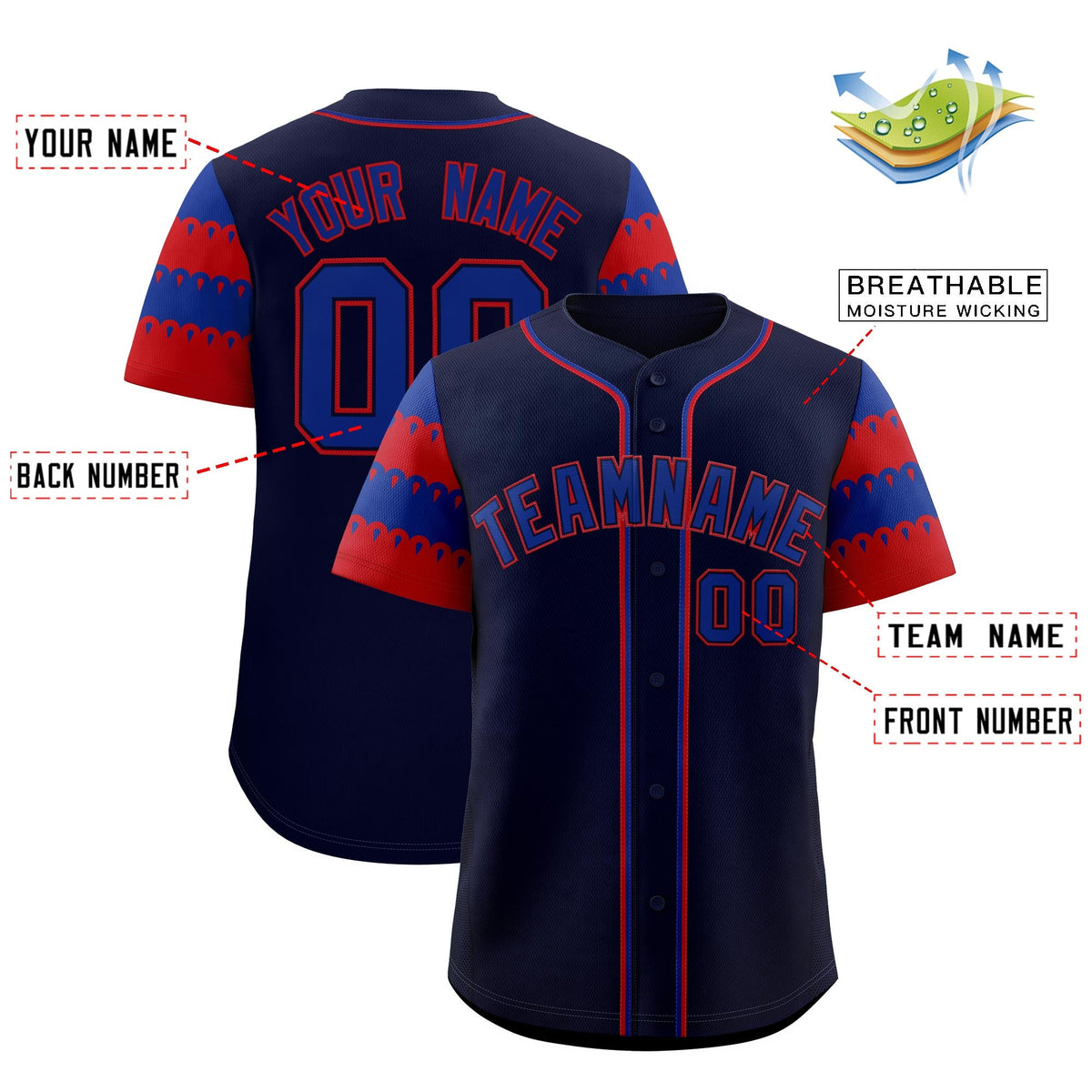 Custom Navy Red Royal Sleeve Flag Lace Baseball Jersey | Sublimation Printed &amp; Embroidery,Add Name and Numbern,Perfect for Teams | KXKSHOP