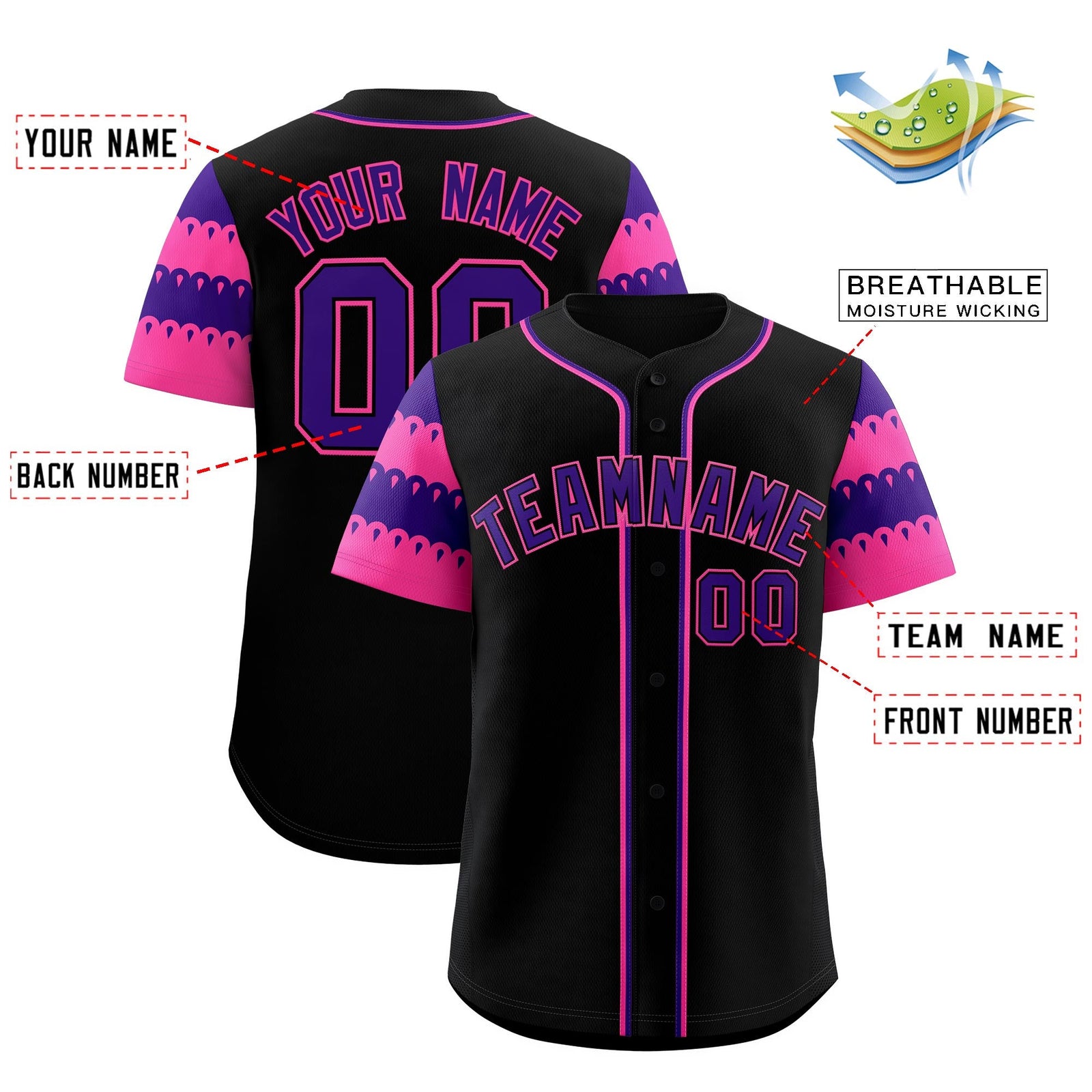 Custom Black Pink Purple Sleeve Flag Lace Baseball Jersey | Sublimation Printed & Embroidery,Add Name and Numbern,Perfect for Teams | KXKSHOP
