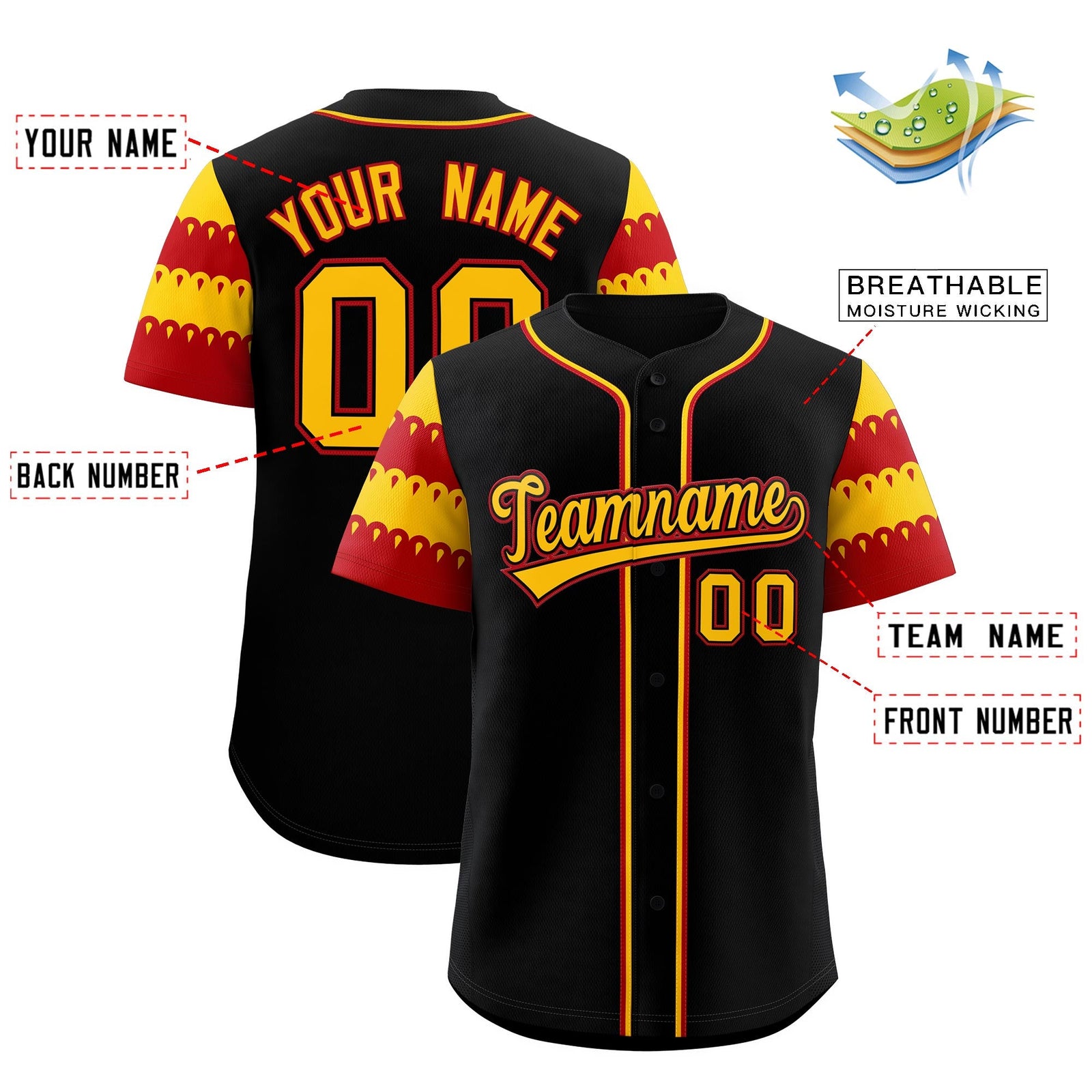 Custom Black Gold Red Sleeve Flag Lace Baseball Jersey | Sublimation Printed & Embroidery,Add Name and Numbern,Perfect for Teams | KXKSHOP