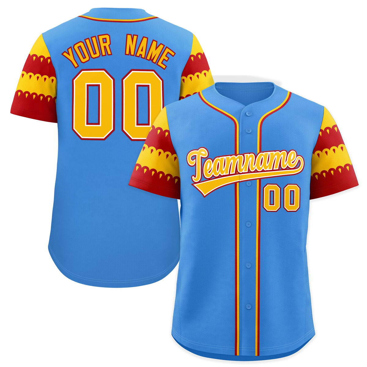 Custom Powder Blue Gold Red Sleeve Flag Lace Baseball Jersey | Sublimation Printed &amp; Embroidery,Add Name and Numbern,Perfect for Teams | KXKSHOP