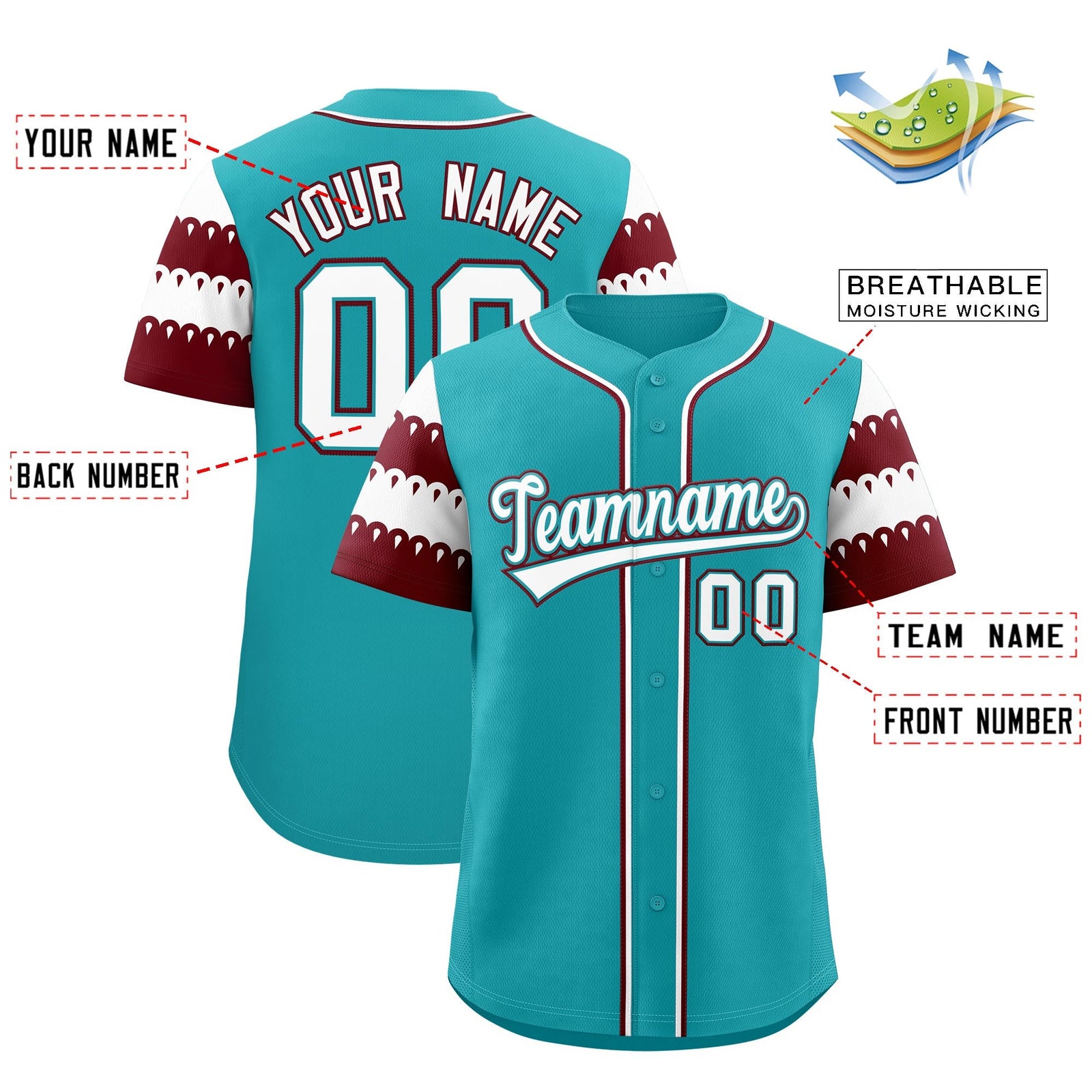 Custom Aqua Maroon White Sleeve Flag Lace Baseball Jersey | Sublimation Printed & Embroidery,Add Name and Numbern,Perfect for Teams | KXKSHOP