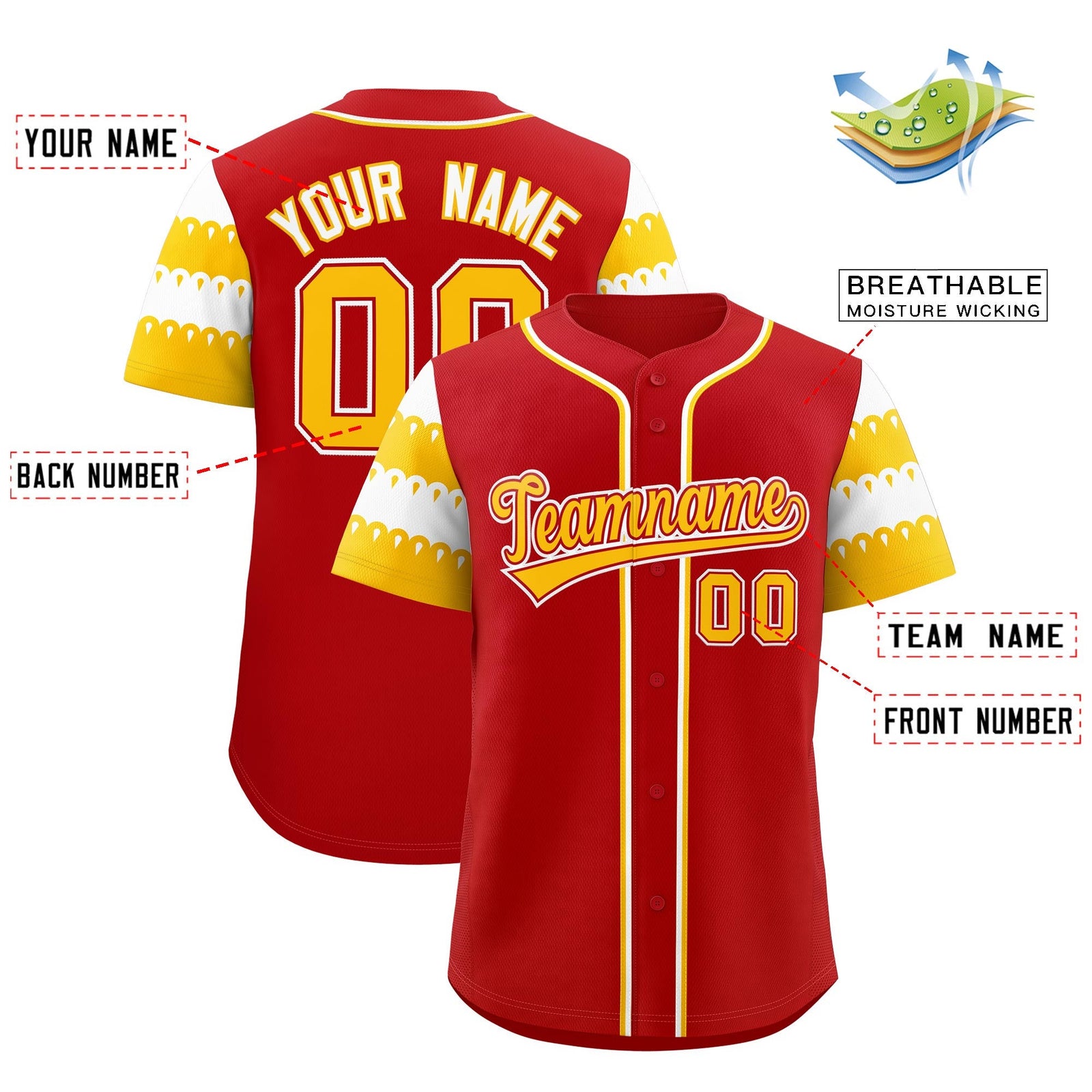 Custom Red Gold White Sleeve Flag Lace Baseball Jersey | Sublimation Printed & Embroidery,Add Name and Numbern,Perfect for Teams | KXKSHOP