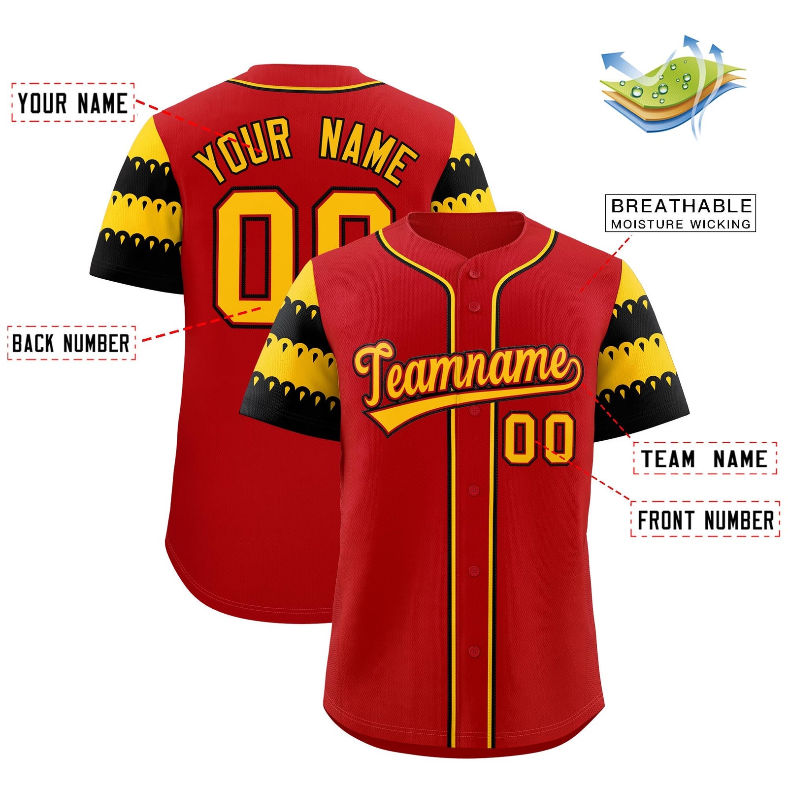 Custom Red Black Gold Sleeve Flag Lace Baseball Jersey | Sublimation Printed & Embroidery,Add Name and Numbern,Perfect for Teams | KXKSHOP