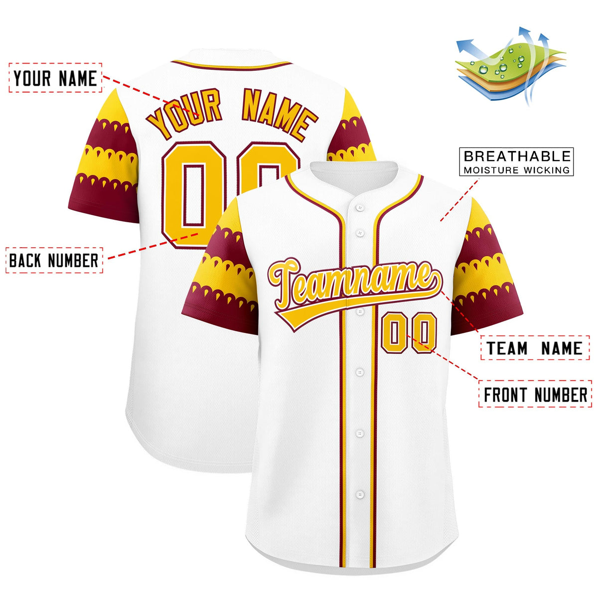 Custom White Crimson Gold Sleeve Flag Lace Baseball Jersey | Sublimation Printed &amp; Embroidery,Add Name and Numbern,Perfect for Teams | KXKSHOP
