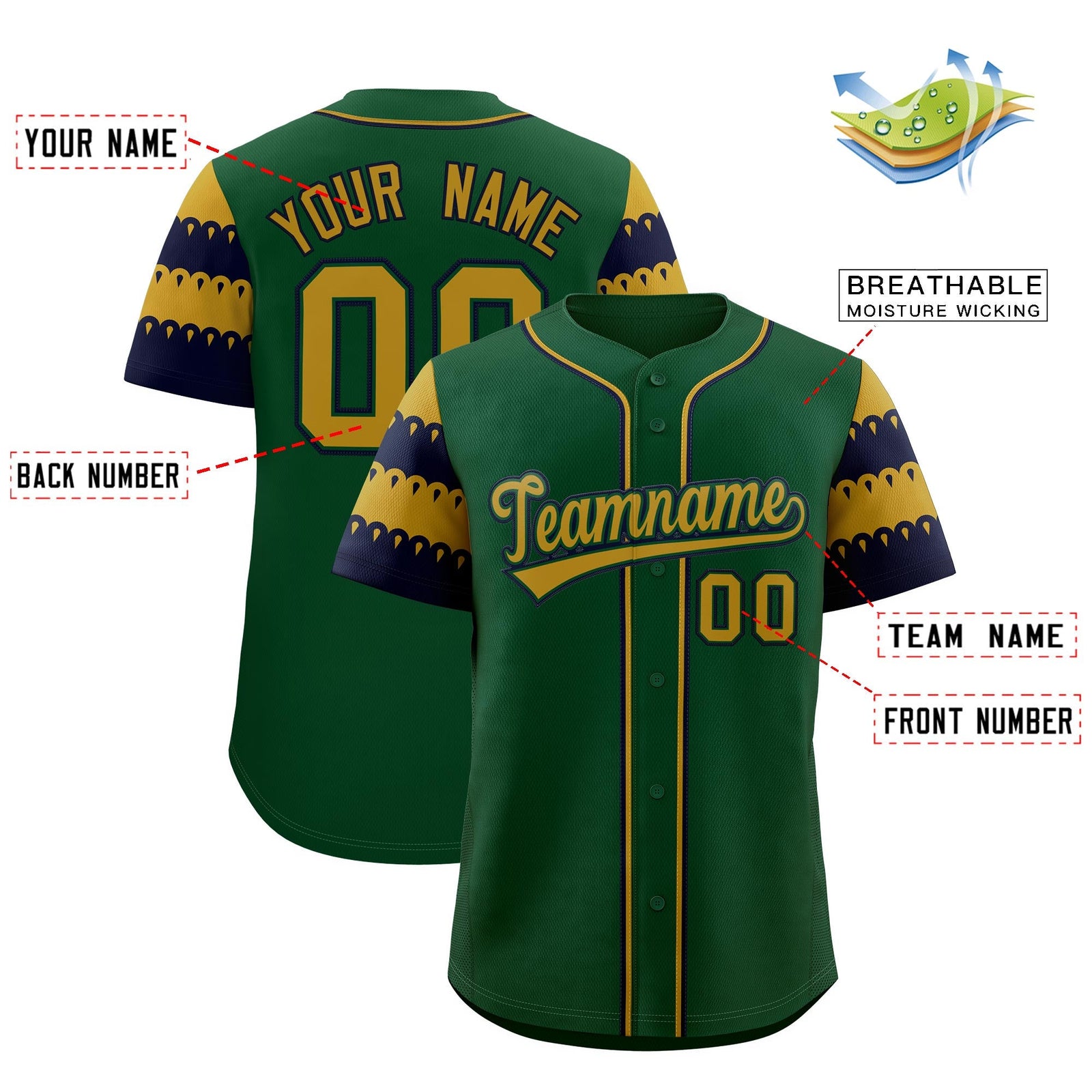 Custom Green Old Gold Navy Sleeve Flag Lace Baseball Jersey | Sublimation Printed & Embroidery,Add Name and Numbern,Perfect for Teams | KXKSHOP