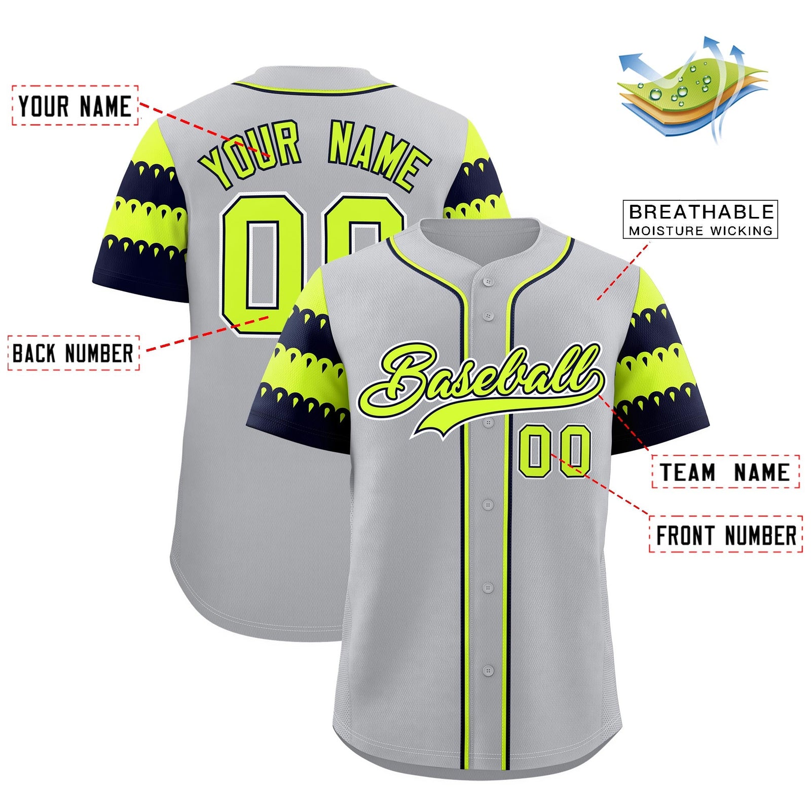 Custom Gray Navy Fluorescent Green Sleeve Flag Lace Baseball Jersey | Sublimation Printed & Embroidery,Add Name and Numbern,Perfect for Teams | KXKSHOP