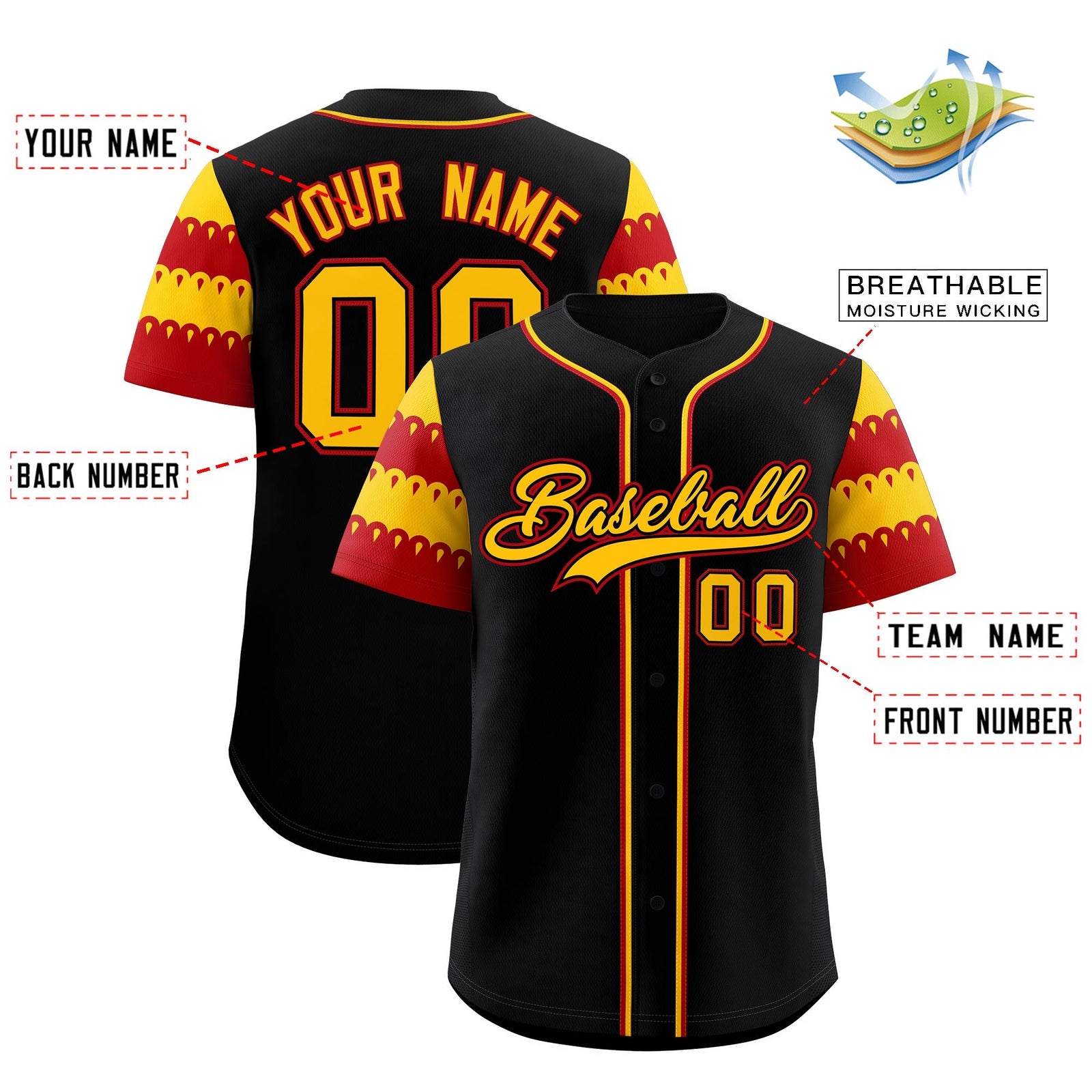 Custom Black Gold Red Sleeve Flag Lace Baseball Jersey | Sublimation Printed & Embroidery,Add Name and Numbern,Perfect for Teams | KXKSHOP