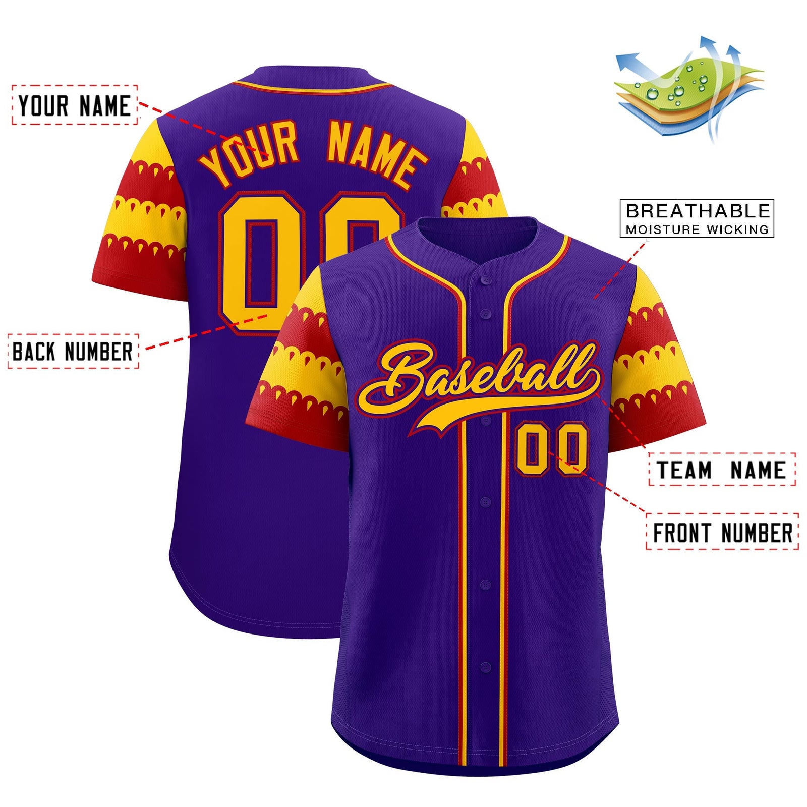 Custom Purple Gold Red Sleeve Flag Lace Baseball Jersey | Sublimation Printed & Embroidery,Add Name and Numbern,Perfect for Teams | KXKSHOP