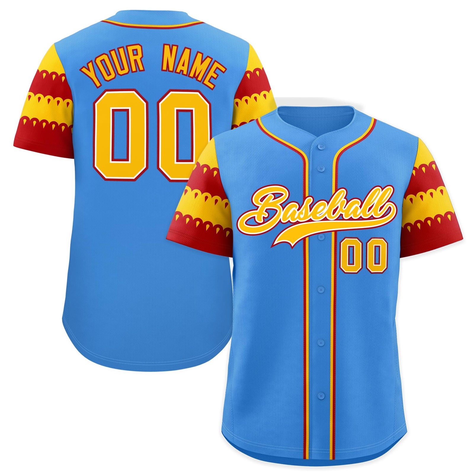 Custom Powder Blue Gold Red Sleeve Flag Lace Baseball Jersey | Sublimation Printed & Embroidery,Add Name and Numbern,Perfect for Teams | KXKSHOP