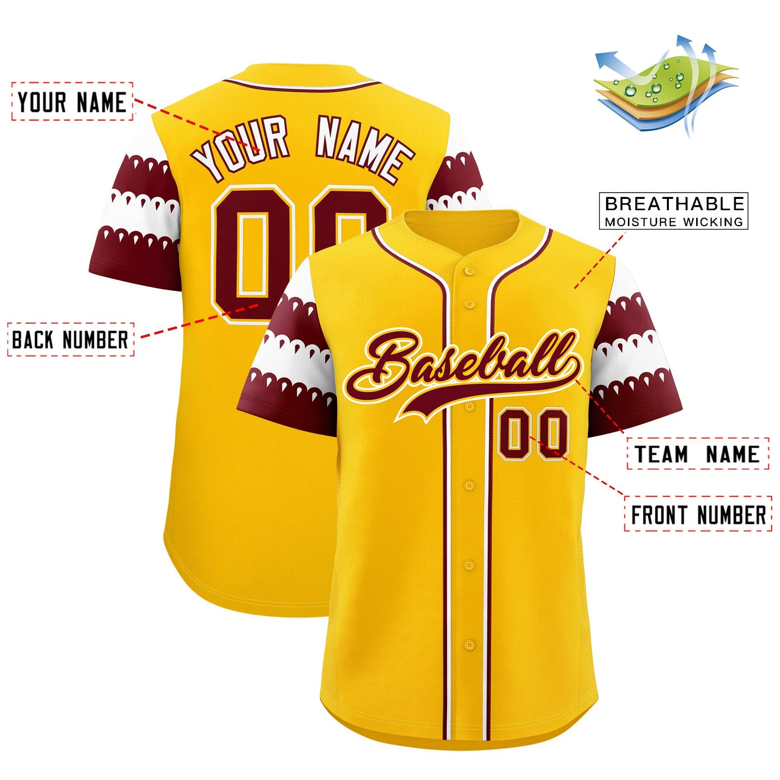 Custom Gold Maroon White Sleeve Flag Lace Baseball Jersey | Sublimation Printed & Embroidery,Add Name and Numbern,Perfect for Teams | KXKSHOP