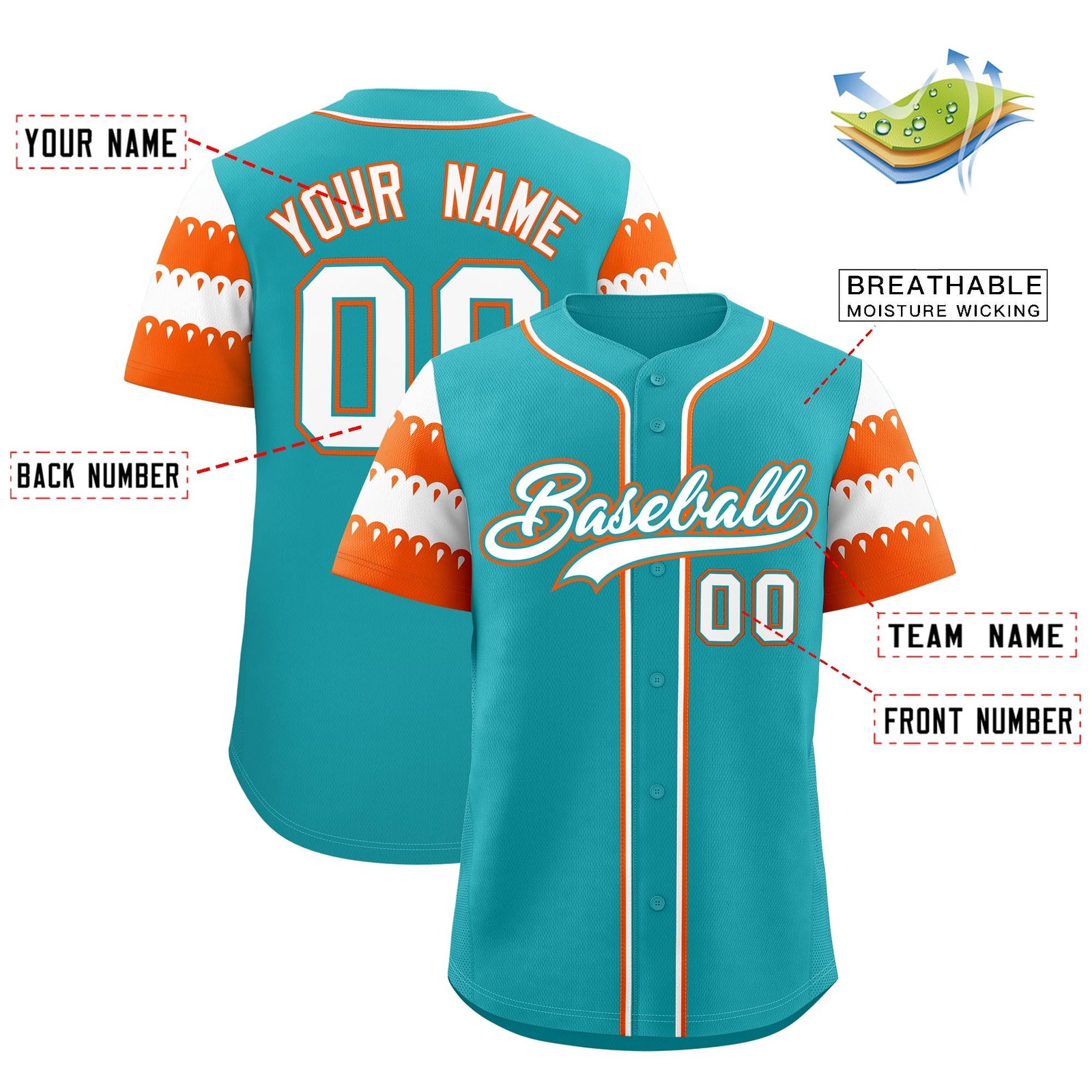 Custom Aqua Orange White Sleeve Flag Lace Baseball Jersey | Sublimation Printed & Embroidery,Add Name and Numbern,Perfect for Teams | KXKSHOP