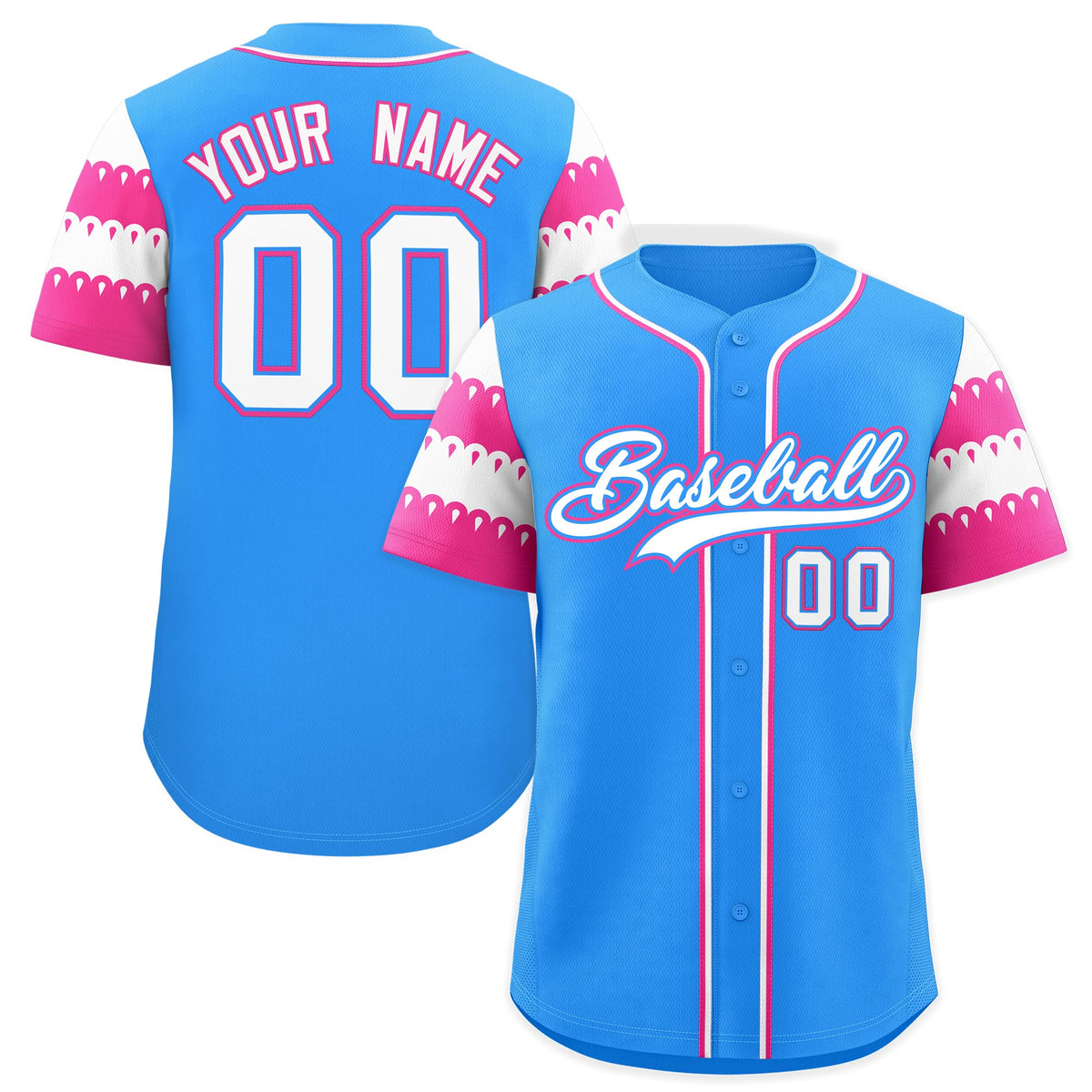 Custom Powder Blue Pink White Sleeve Flag Lace Baseball Jersey | Sublimation Printed &amp; Embroidery,Add Name and Numbern,Perfect for Teams | KXKSHOP