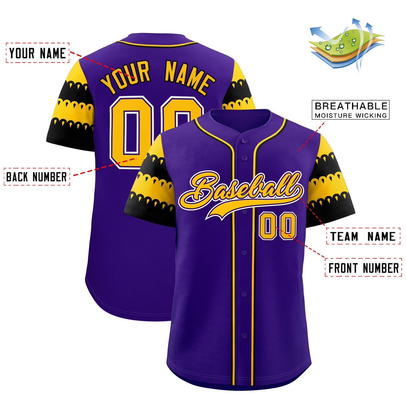 Custom Purple Gold Black Sleeve Flag Lace Baseball Jersey | Sublimation Printed & Embroidery,Add Name and Numbern,Perfect for Teams | KXKSHOP