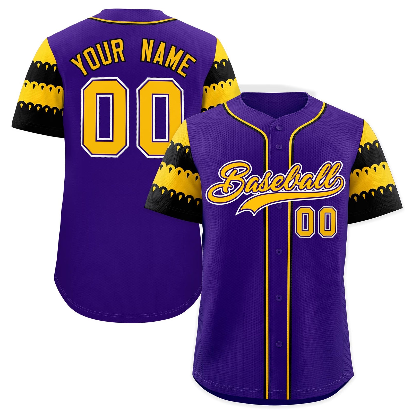 Custom Purple Gold Black Sleeve Flag Lace Baseball Jersey | Sublimation Printed & Embroidery,Add Name and Numbern,Perfect for Teams | KXKSHOP