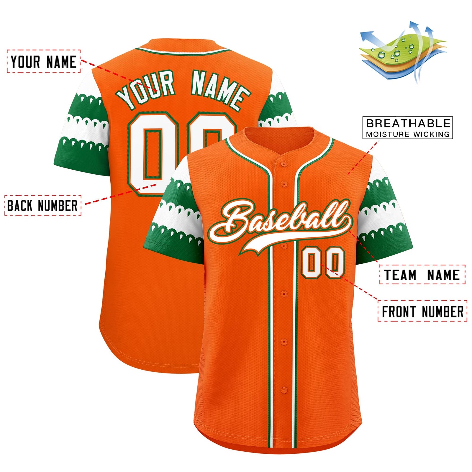 Custom Orange Kelly Green White Sleeve Flag Lace Baseball Jersey | Sublimation Printed & Embroidery,Add Name and Numbern,Perfect for Teams | KXKSHOP