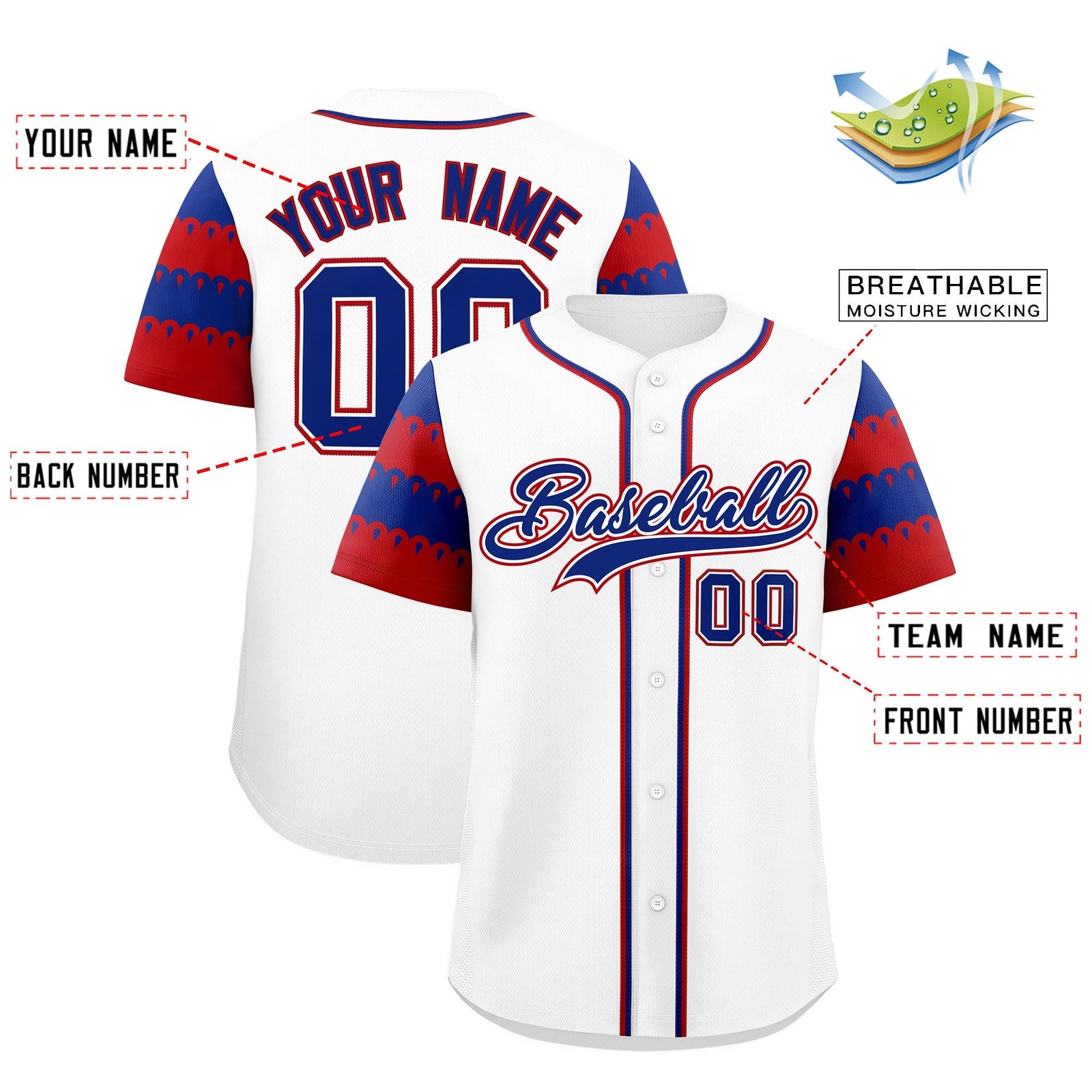 Custom White Red Royal Sleeve Flag Lace Baseball Jersey | Sublimation Printed & Embroidery,Add Name and Numbern,Perfect for Teams | KXKSHOP